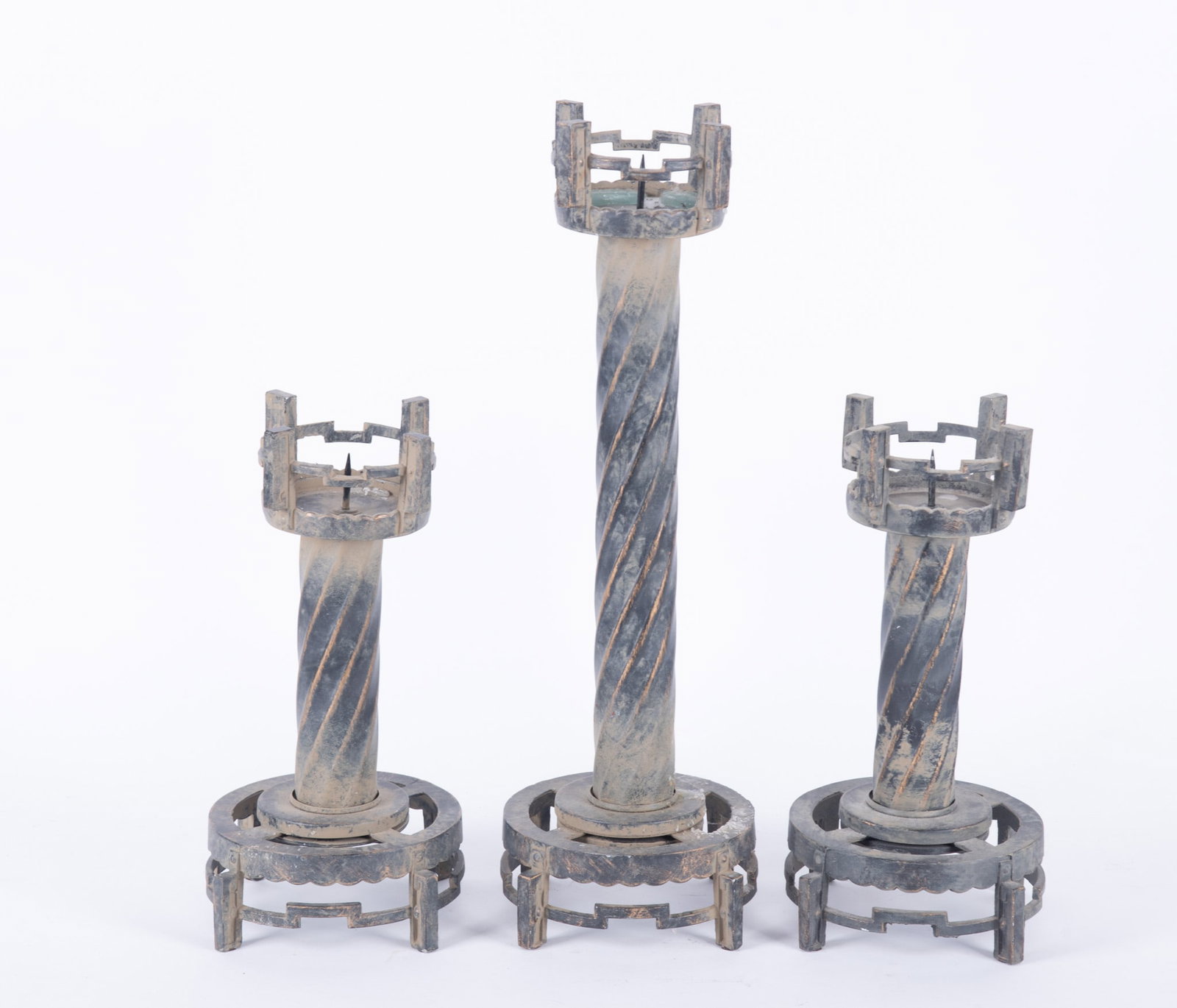 Maitland Smith Design Candlesticks: three large Maitland Smith designed candlesticks in the form of castle towers
