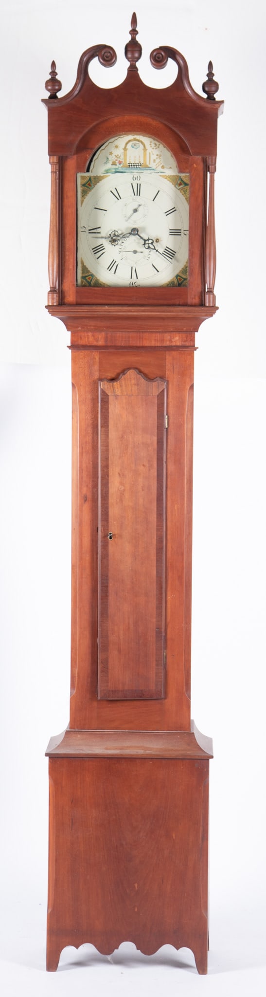 Luman Watson, Cincinnati Longcase Clock: Luman Watson, Cincinnati Longcase Clock Swan form pediment with orb form finials above an arched form glass door centering a pair of full columns with a dial having painted riverboat design and spandr