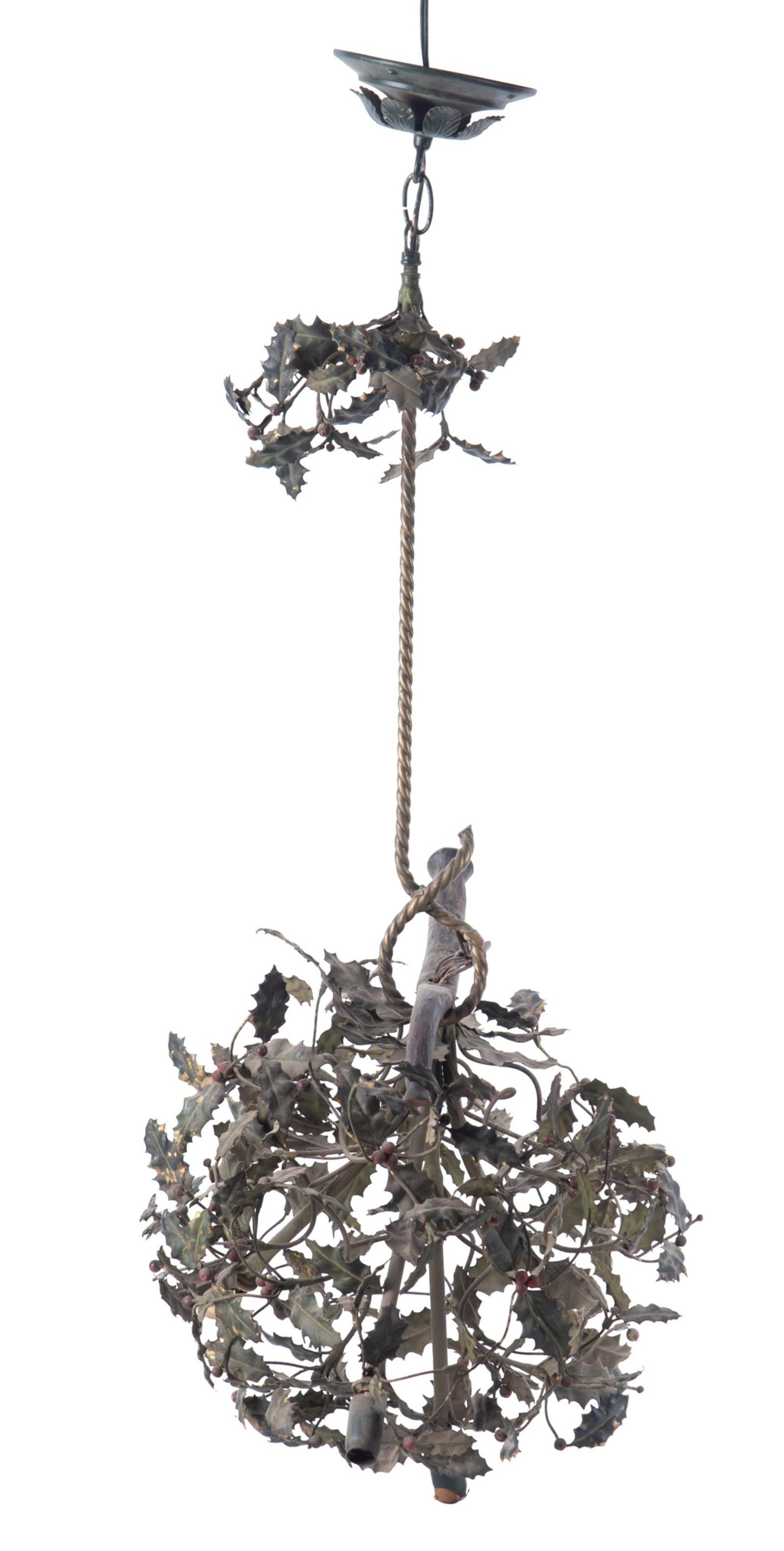 An Unusual Austrian Bronze Hanging Light Fixture: An Unusual Austrian Bronze Hanging Light Fixture Vienna, early 20th century, a bronze hanging fixture formed as a ball of branched holly. The fixture descends from a holly canopy with simulated bronze