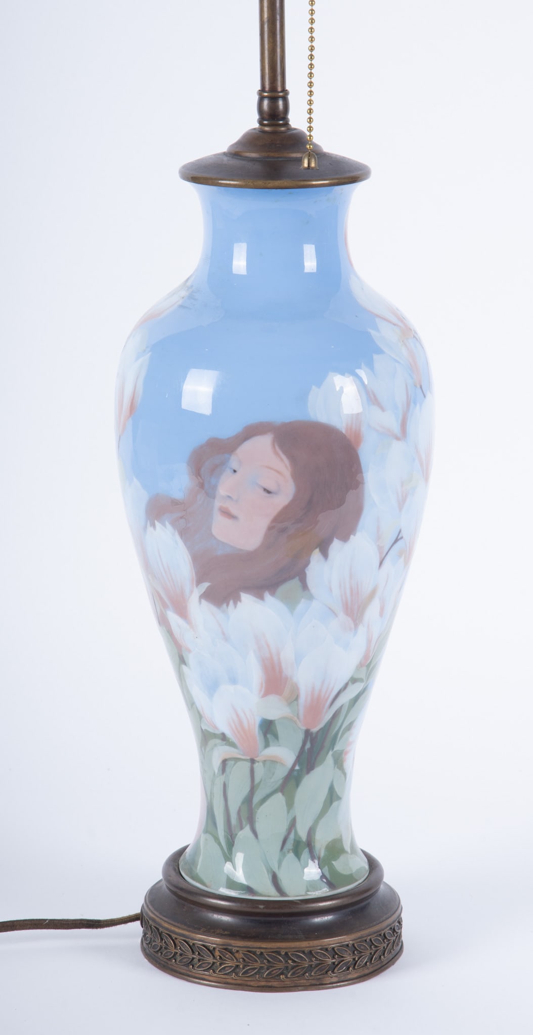 A Rare Meissen Pate sur Pate Art Nouveau Vase, now a Lamp: A Rare Meissen Pate sur Pate Art Nouveau Vase, now a Lamp Germany, early 20th century, a colorful vase decorated with a young maiden amidst floral blooms. The vase has been drilled and is now a lamp. 