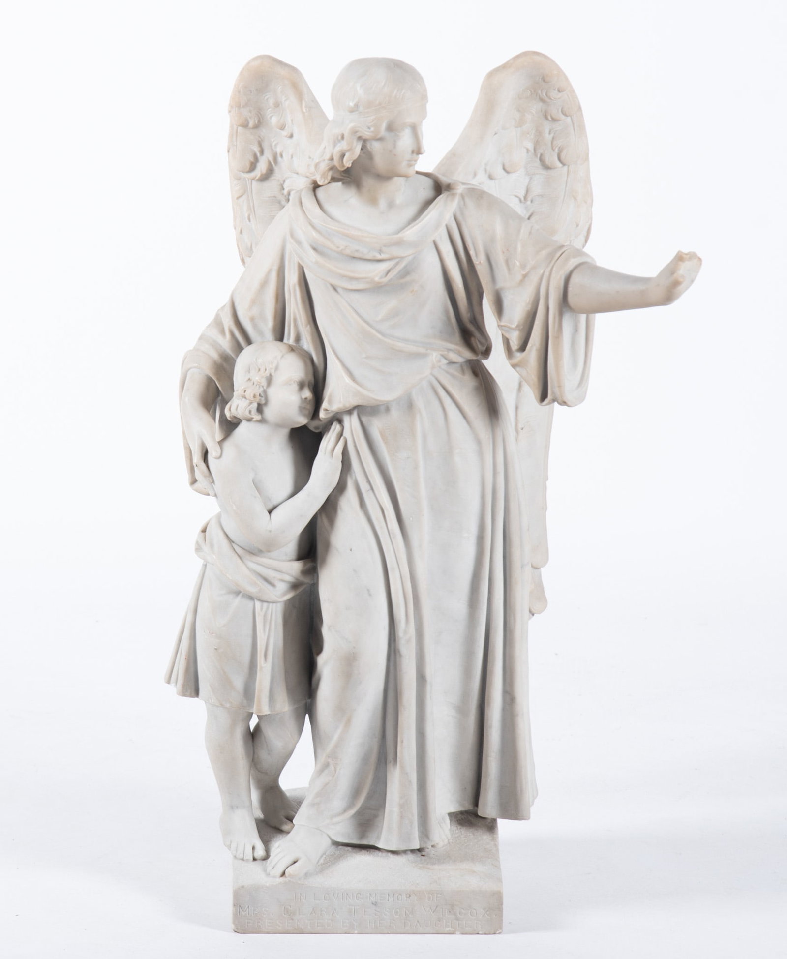 Angel and Child Marble Sculpture: Angel and Child Marble Sculpture Made by Daprato Statuary Co Chicago now Daprato Rigali Studios. Sculptor Tho. Polla. Depicts an angel shielding a child. Approx weight 150-200 pounds 36 x 24 x 19