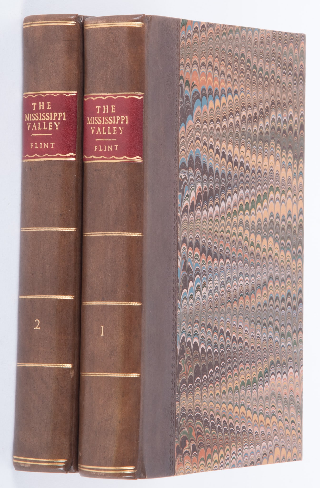 Timothy Flint: A Condensed Geography and History of the Western States, or the Mississippi Valley: Timothy Flint: A Condensed Geography and History of the Western States, or the Mississippi Valley (two volumes). E.H Flint, 1828. First edition, Howes #F-200. Modern rebinding of ? calf on marbled boa