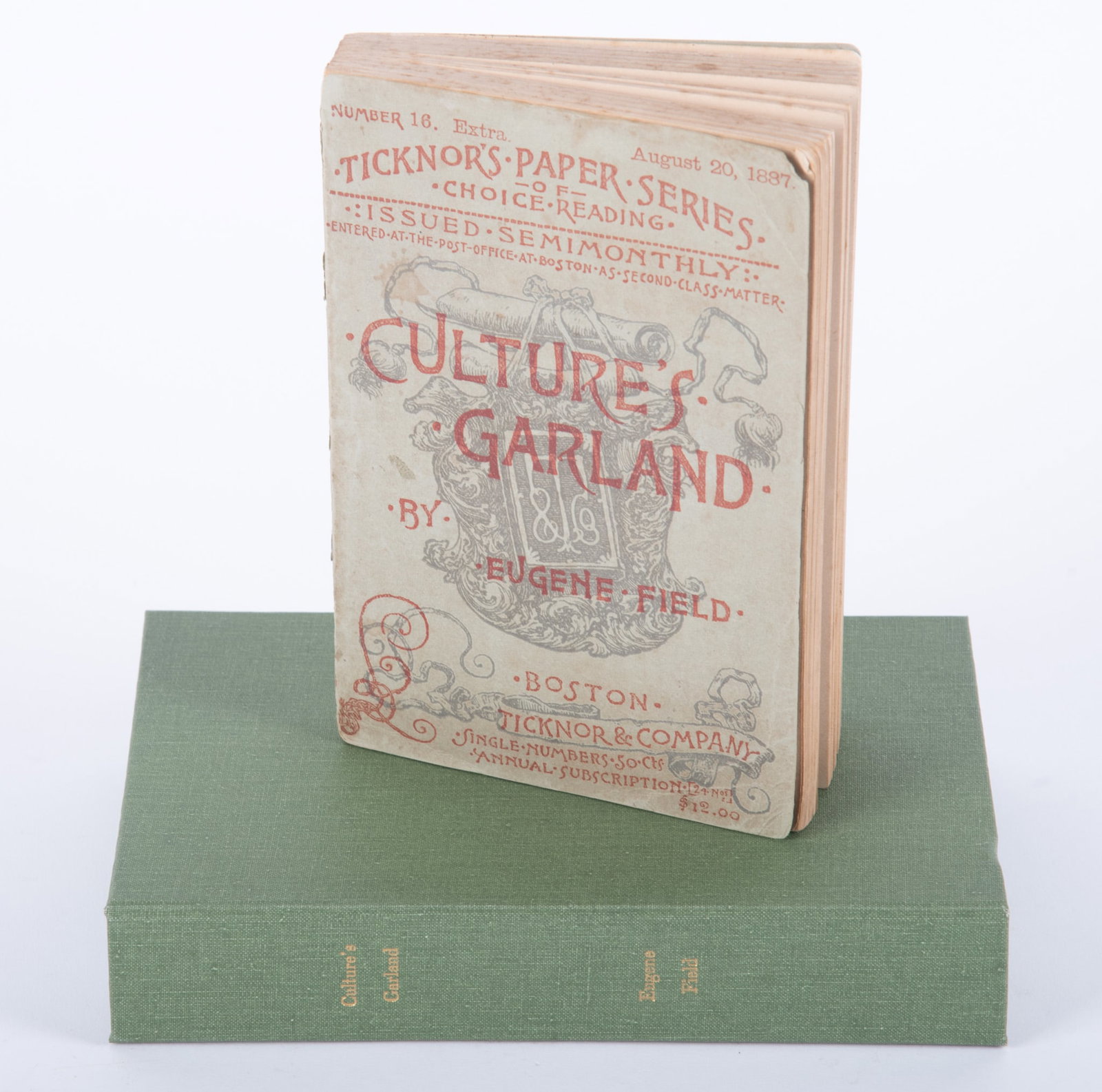 Eugene Field: Cultures Garland, Being Memoranda of the Rise of Literature, Art, Music and Society in: Eugene Field: Culture's Garland, Being Memoranda of the Rise of Literature, Art, Music and Society in Chicago and Other Western Ganglia. Ticknor & Co., 1887. This title was issued in softcover and it 