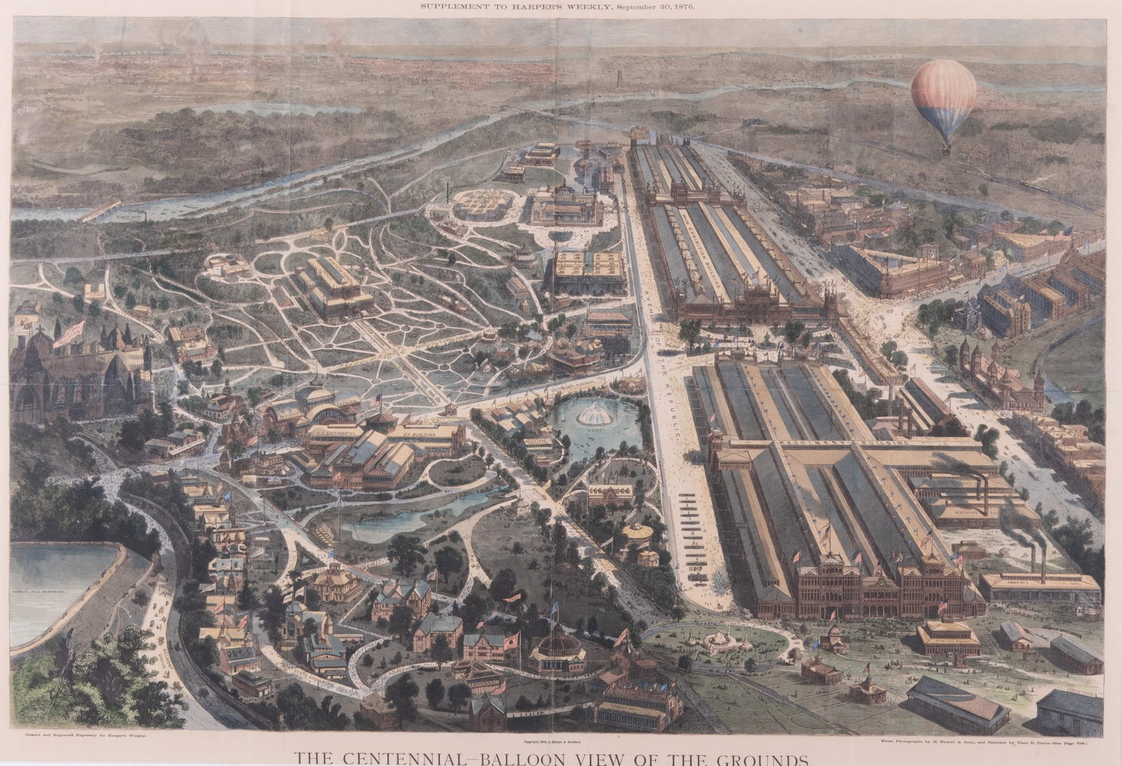 The Centennial - Balloon View of the Grounds, Supplement to Harper's Weekly, September 30, 1876 (1 of 4)