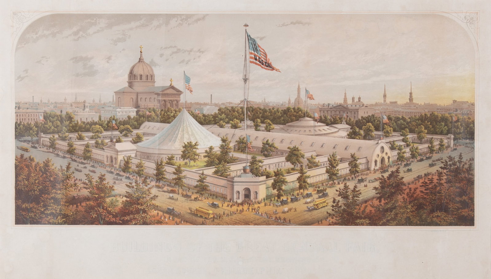 Buildings of the Great Central Fair, in aid of the U.S. Sanitary Commission, Logan Square,: Buildings of the Great Central Fair, in aid of the U.S. Sanitary Commission, Logan Square, Philadelphia, June 1864 / drawn from nature & on stone by James Queen; printed by P.S. Duval & Son, Philadelp