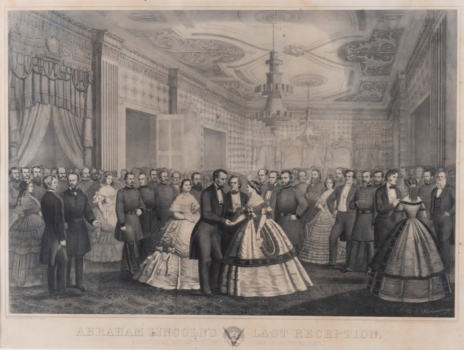 After Anton Hohenstein, 19th Century, Abraham Lincoln's Last Reception, 1865, lithograph, published: After Anton Hohenstein 19th Century Abraham Lincoln's Last Reception, 1865 lithograph, published by John Smith, Philadelphia framed. 23 3/4 x 31 inches (visible); 34 x 41 inches (overall with frame)