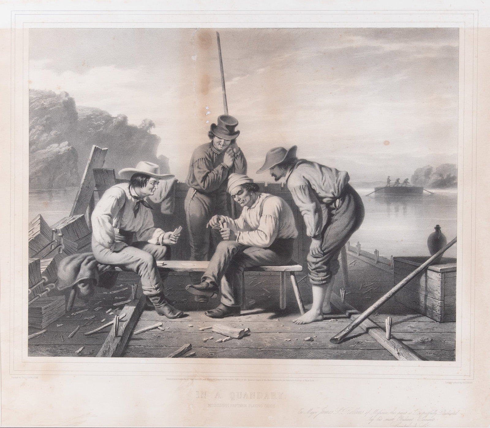 After George Caleb Bingham, American (1811-1879), In a Quandary, Mississippi Raftmen Playing Cards,: After George Caleb Bingham American, (1811-1879) In a Quandary, Mississippi Raftmen Playing Cards, 1852 Lithograph This is a rare and highly sought-after lithographic image by Regnier after the painti