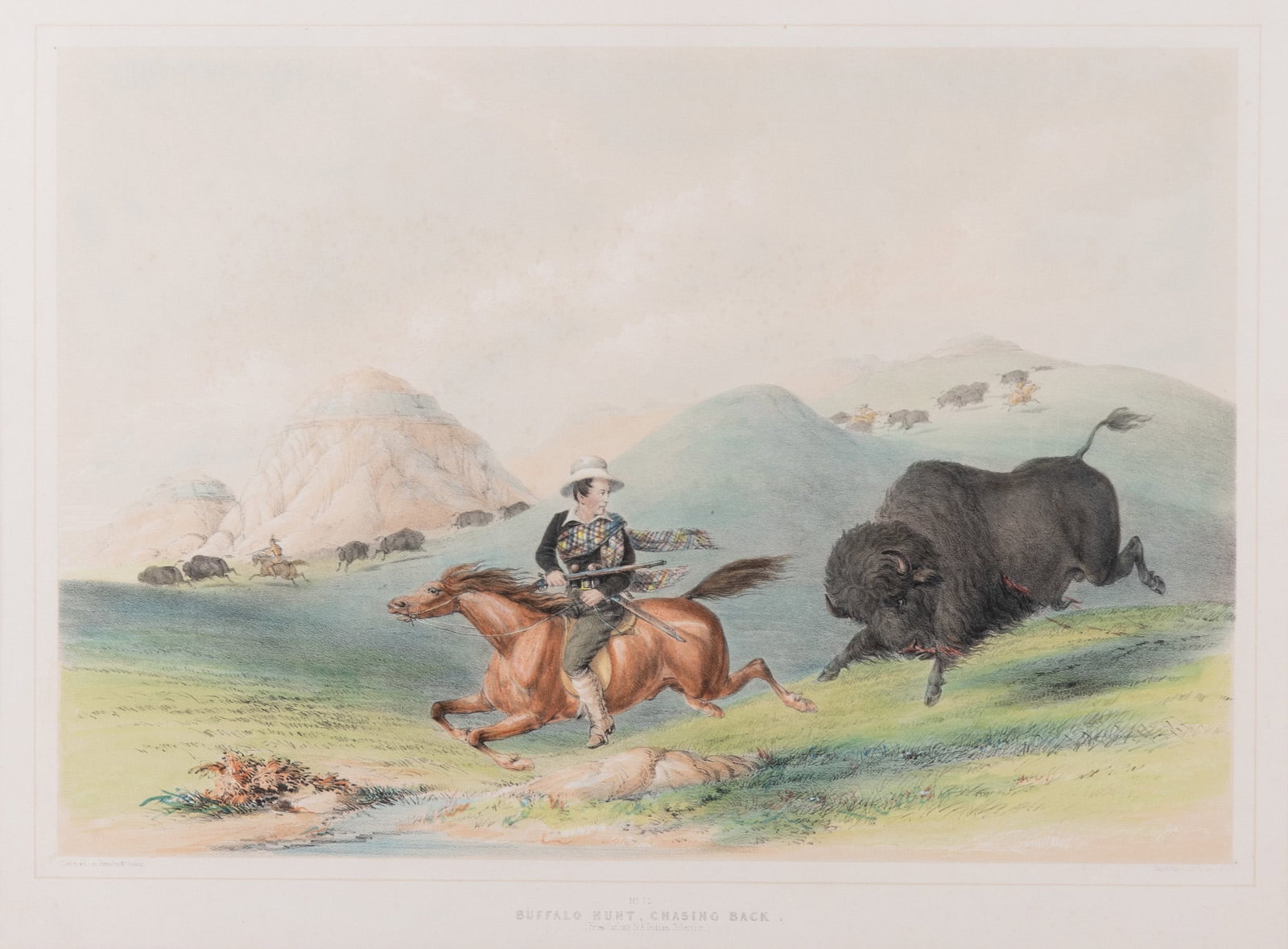 George Catlin, American (1796-1872), North American Indian Portfolio, Buffalo Hunt, Chasing Back: George Catlin American, (1796-1872) North American Indian Portfolio, Buffalo Hunt, Chasing Back (Plate 12), 1844 Hand-colored lithograph with gum arabic in a bird's eye maple frame. 15 x 19 1/2 inches