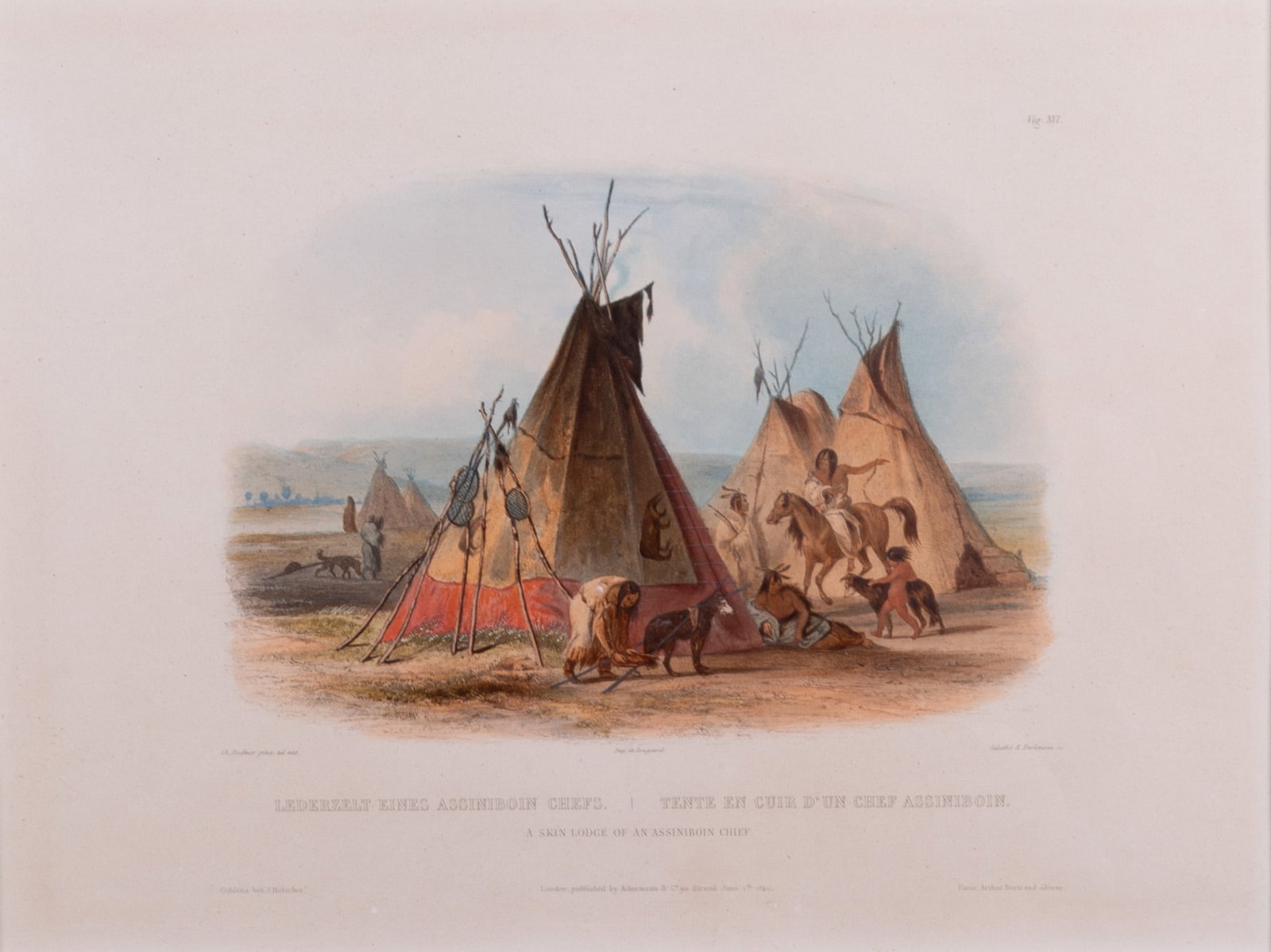 Karl Bodmer, Swiss/French (1809-1893), A Skin Lodge of an Assiniboin Chief, 1840, Aquatint,: Karl Bodmer Swiss/French, (1809-1893) A Skin Lodge of an Assiniboin Chief, 1840 Aquatint, mezzotint, etching and stipple engraving with hand-coloring by Bodmer Vignette XVI; from the portfolio, Travel