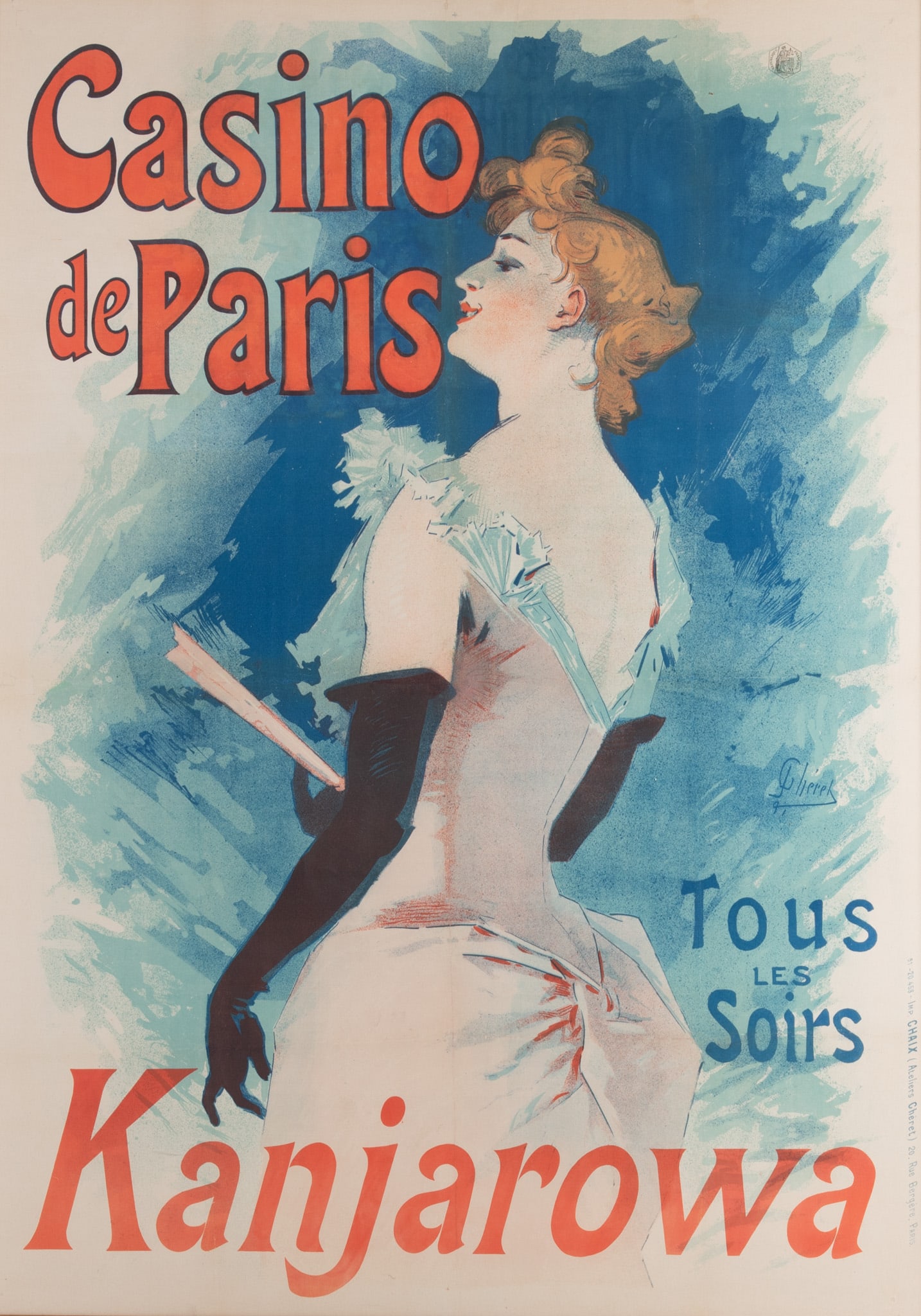Jules Cheret, French (1836-1932), Alcazar d'Ete- Kanjarowa, 1891, color lithographic poster: Jules Cheret French, (1836-1932) Alcazar d'Ete- Kanjarowa, 1891 color lithographic poster Printed by Chaix, Paris framed 48 x 34 inches (visible)