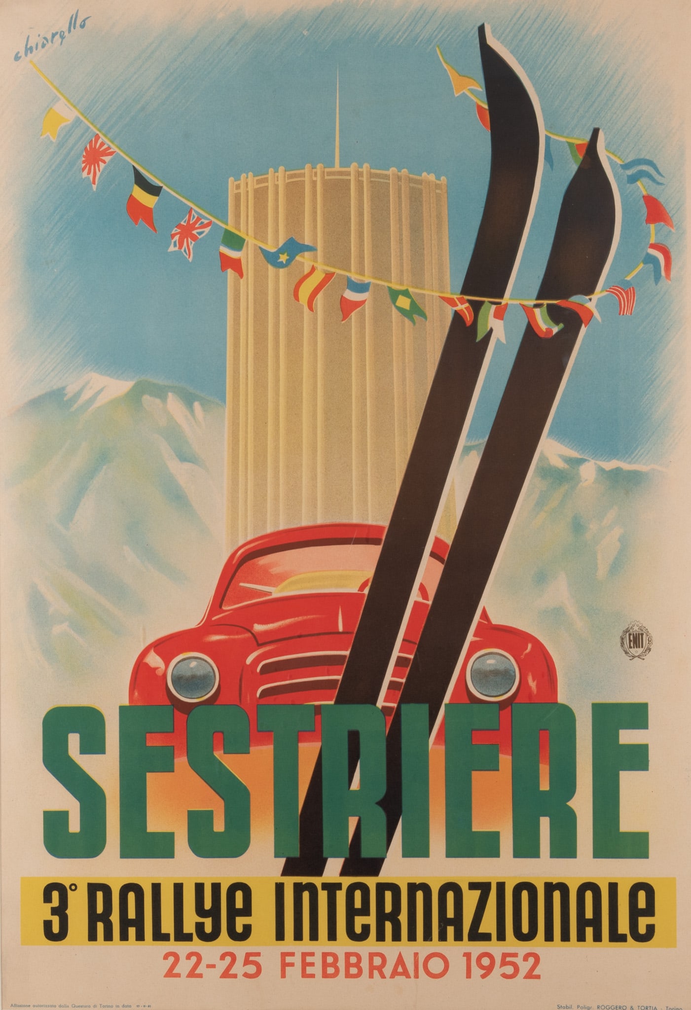Chiarello, Italy 20th Century, Sestriere, color lithograph, printed by Roggero & Tortia, Torino: Chiarello Italy, 20th Century Sestriere color lithograph, printed by Roggero & Tortia, Torino framed. 38 1/2 x 26 3/4 inches (visible); 46 x 32 3/4 inches (overall with frame)