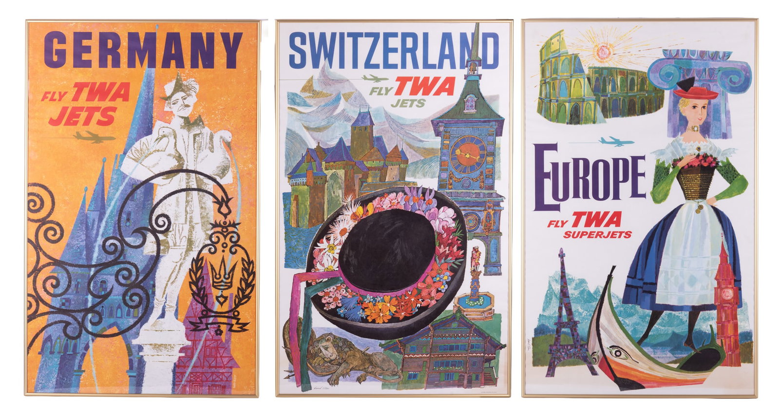 David Klein, Texas / New York (1918-2005), Switzerland, Germany, and Europe TWA Travel Posters, (1 of 4)