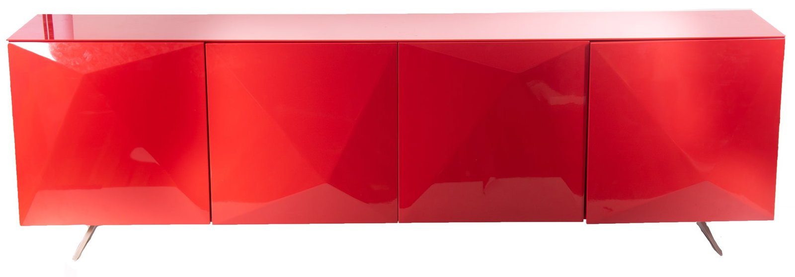 Modern Design HomeRoots Red Lacquer Buffet: Modern Design HomeRoots Red Lacquer Buffet Having four geometric hinged doors raised on silvered metal legs. 28 3/4 x 94 1/2 x 16 1/2 inches.