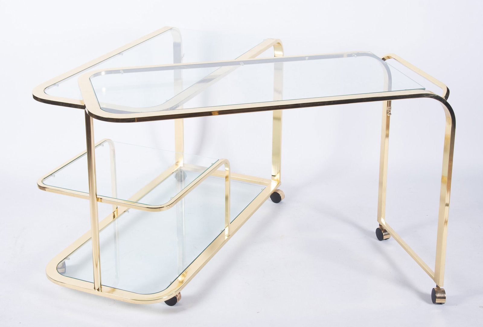 Milo Baughman Expandable Brass and Glass Bar Cart: Milo Baughman Expandable Brass and Glass Bar Cart Closed 30 x 46 x 20 inches, open 30 x 20 x 89 inches