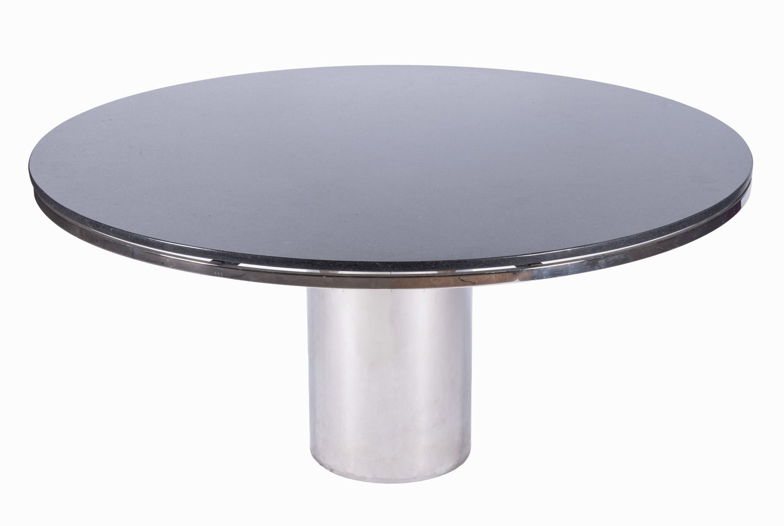 Breuton 'Anello' Pedestal Table with Granite Top: Breuton 'Anello' Pedestal Table with Granite Top Round stainless steel pedestal base, welded, ground, and polished into a seamless unit, with black granite circular top, circa 1980s 29 x 60 inches