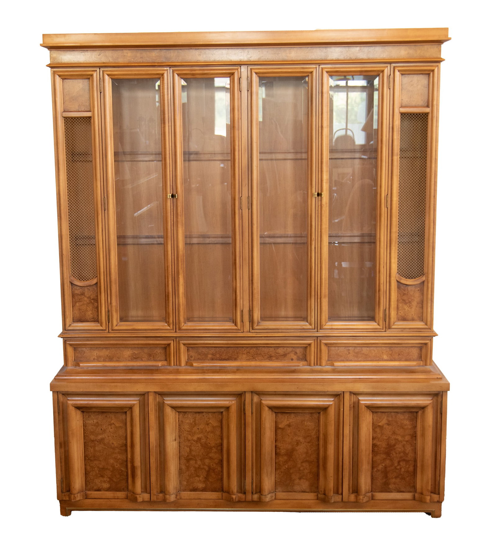 Metz Furniture Company, Hollywood Regency China Cabinet: Metz Furniture Company, Hollywood Regency China Cabinet Vintage Cherry wood two member cabinet with light up display ability. Pair of hinged windowed doors open on the top portion to access the