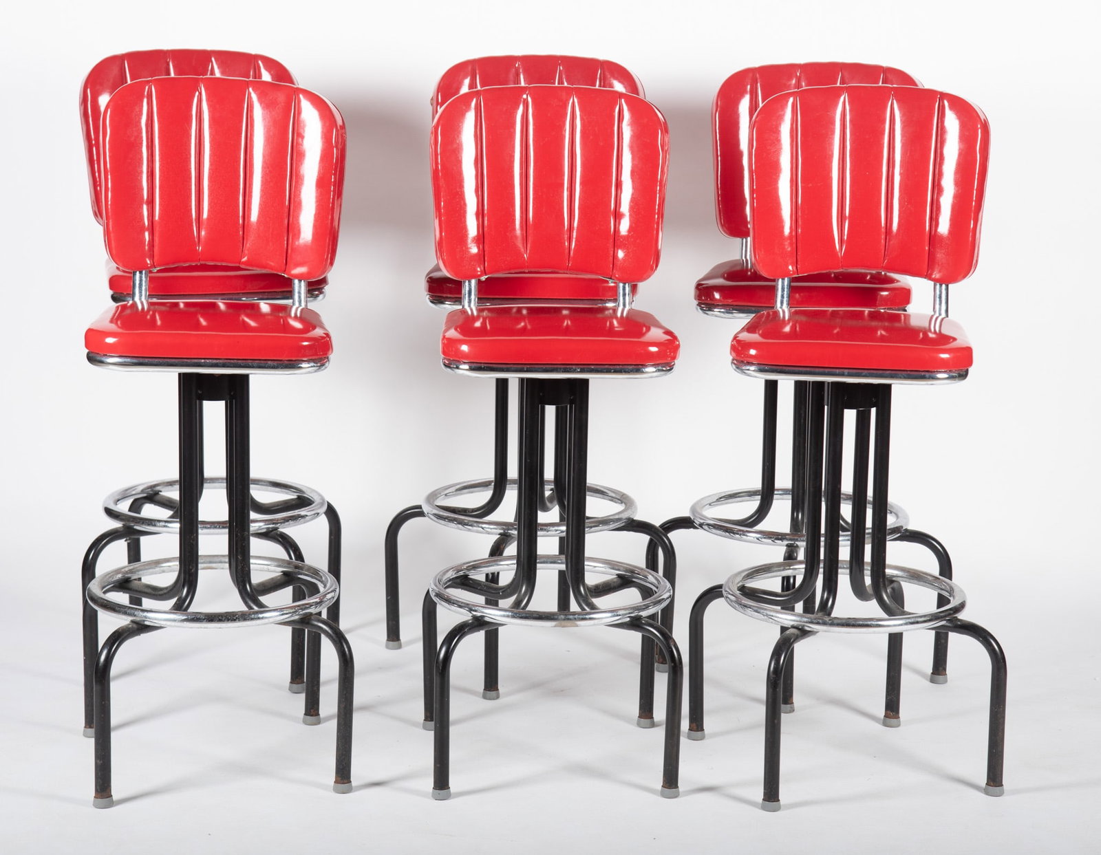 Set Of Six Vintage Red Patent Leather Swivel Bar Stools (1 of 3)
