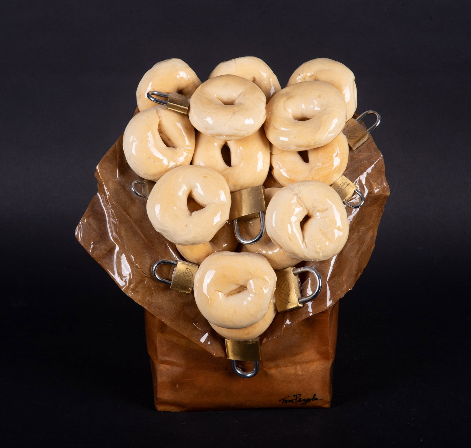 Tom Pergola, New Jersey 20th - 21st Centuries, Bagels and Locks, ed. 403/500, mixed media scxulpture: Tom Pergola New Jersey, 20th - 21st Centuries Bagels and Locks, ed. 403/500 mixed media scxulpture signed, titled and numbered. Height: 12 inches