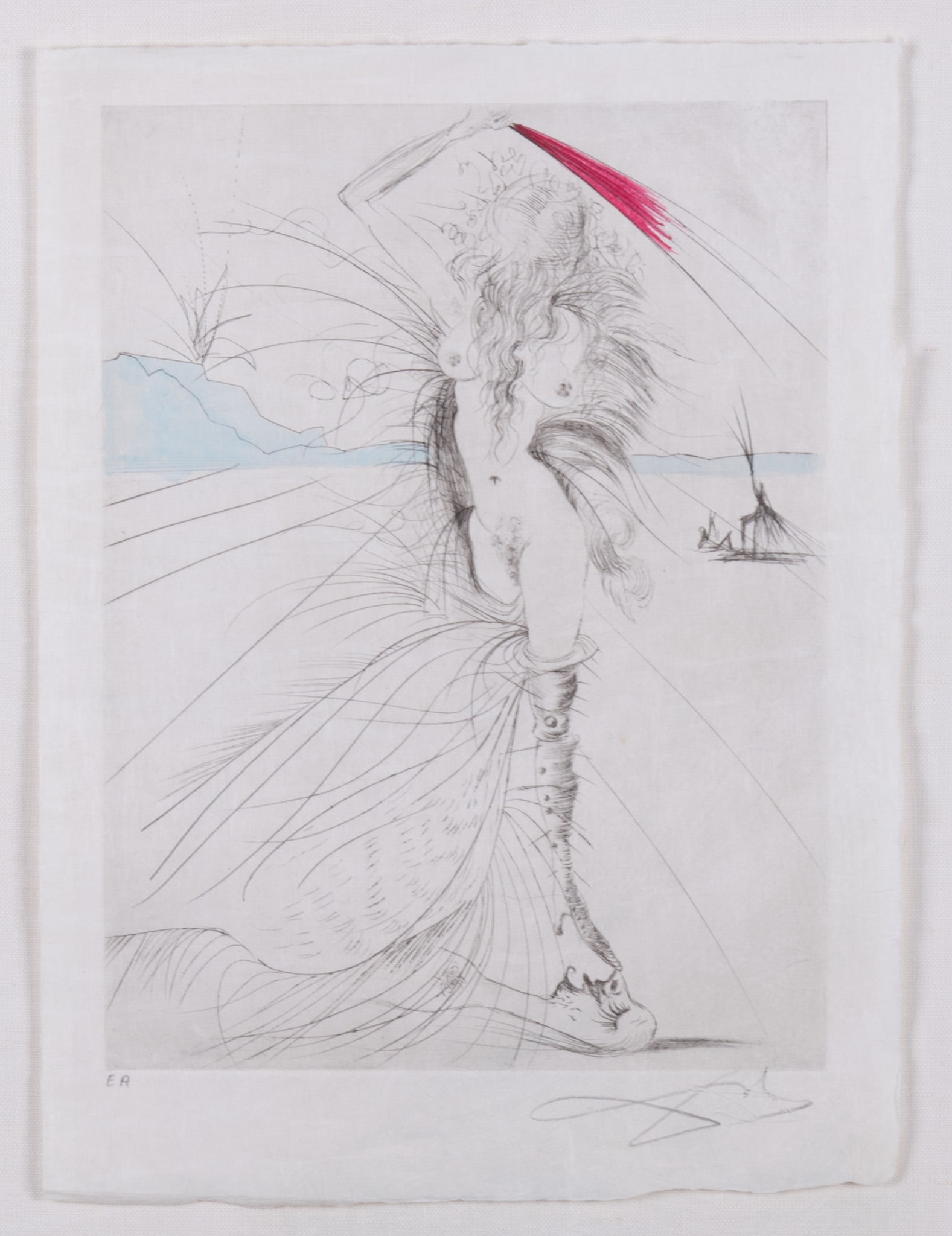 Salvador Dali, Spanish (1904-1989), Les Aigrettes (The Egrets), 1969, etching with drypoint and: Salvador Dali Spanish, (1904-1989) Les Aigrettes (The Egrets), 1969 etching with drypoint and hand-coloring on Japon paper, edition E.A. from the 20-image Venus aux Fourrures suite, framed. signed and
