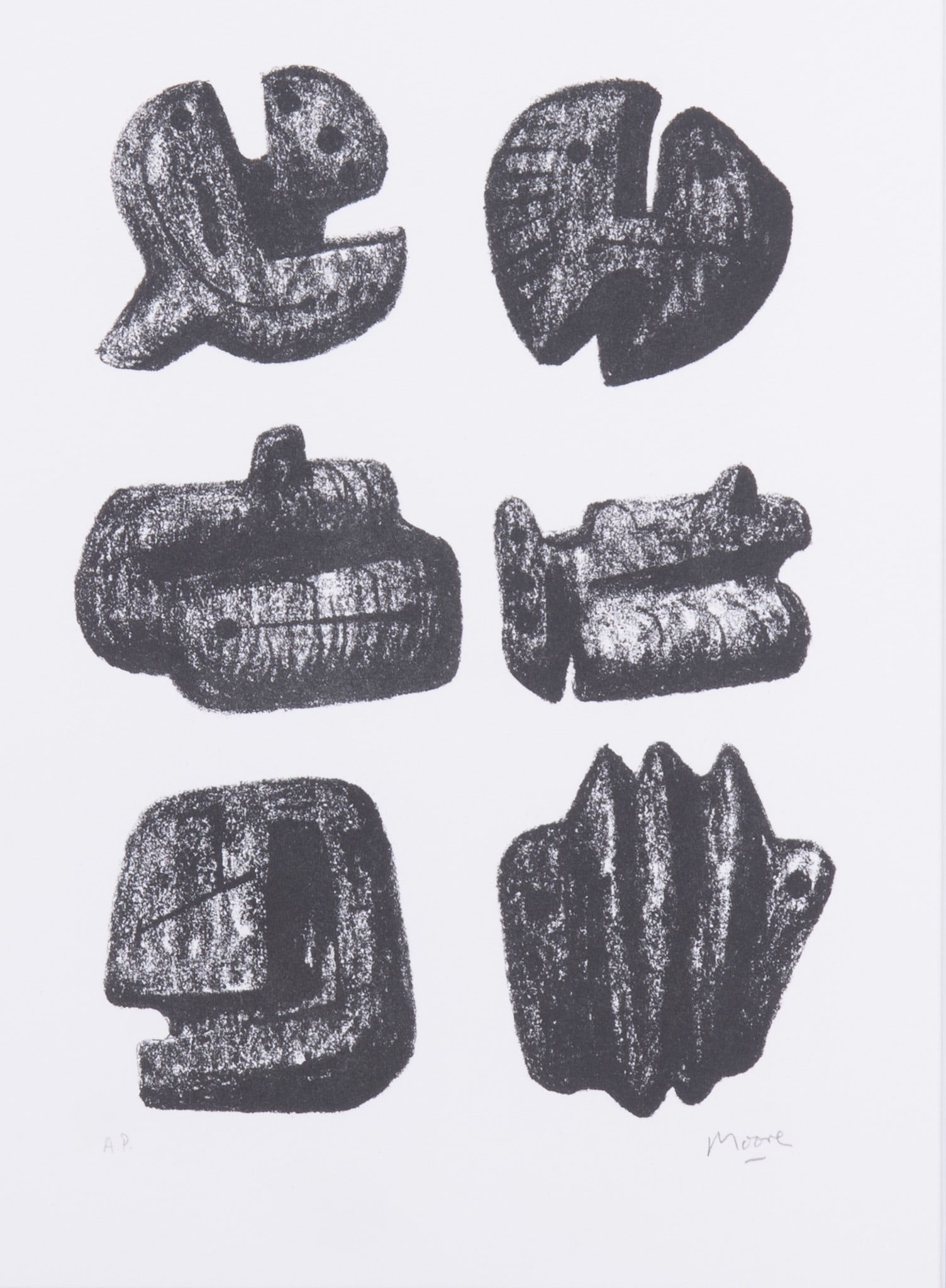 Henry Moore, British (1898-1986), Six Stone Figures, 1973, lithograph, ed. A. P.: Henry Moore British, (1898-1986) Six Stone Figures, 1973 lithograph, ed. A. P. signed and notated in pencil lower margin, framed. 13 1/2 x 9 1/2 inches (visible); 22 x 18 1/2 inches (overall with fram