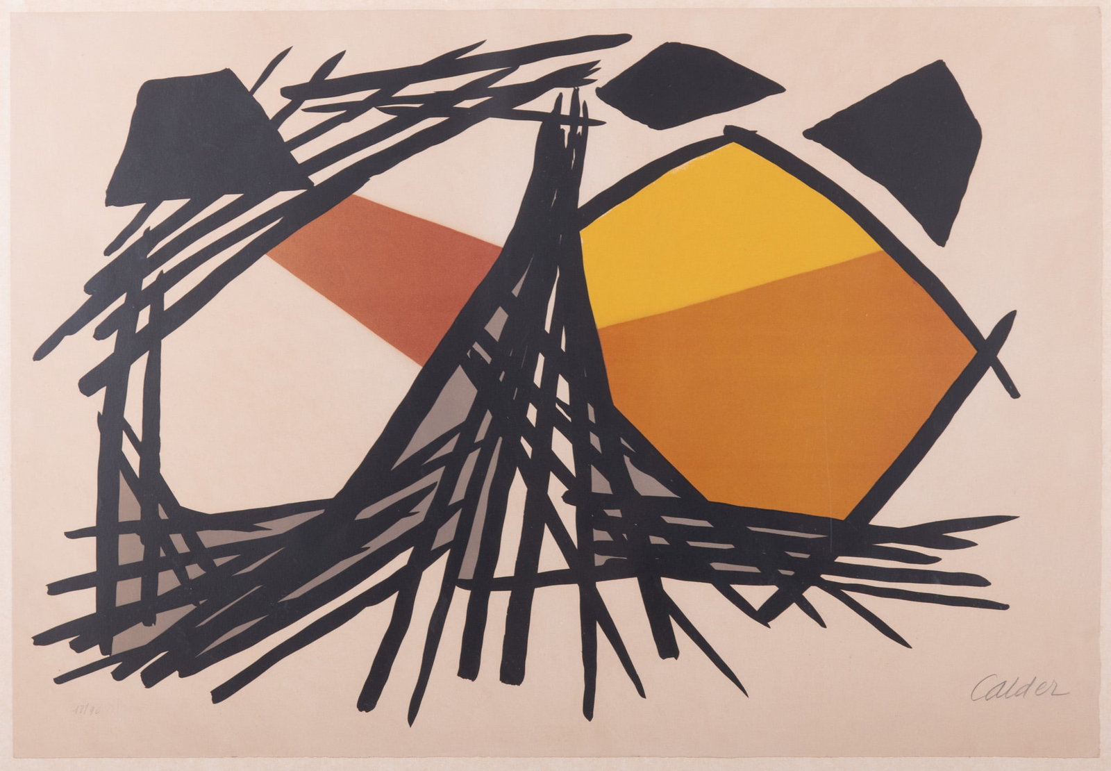 Alexander Calder, American (1898-1976), Untitled (Les Boucliers), circa 1970, color lithograph on: Alexander Calder American, (1898-1976) Untitled (Les Boucliers), circa 1970 color lithograph on BFK paper, ed. 18/90 signed and numbered in pencil, framed. sheet: 24 3/8 x 35 3/8 inches; 30 x 40 1/2