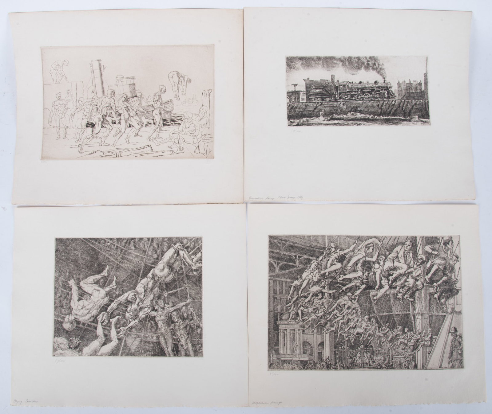 Reginald Marsh, New York / Vermont (1898-1954), Flying Concellos, Locomotive Going Thru Jersey City, (1 of 4)
