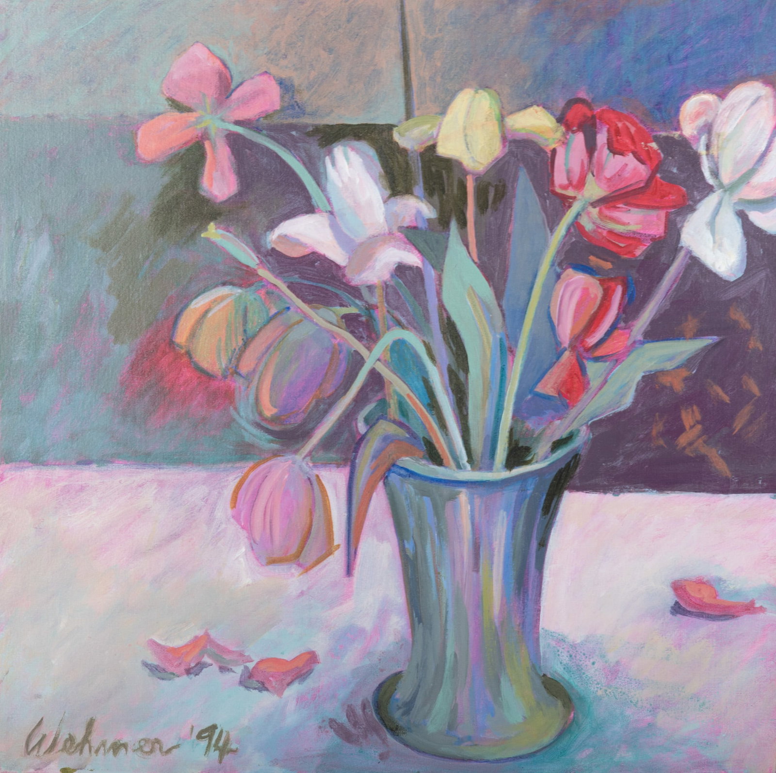 John Wehmer, Missouri (1927-2019), Tulips, 1994, oil on canvas: John Wehmer Missouri, (1927-2019) Tulips, 1994 oil on canvas signed and dated lower left, and again with title and date verso, framed. 22 x 22 inches; 23 x 23 inches (overall with frame)