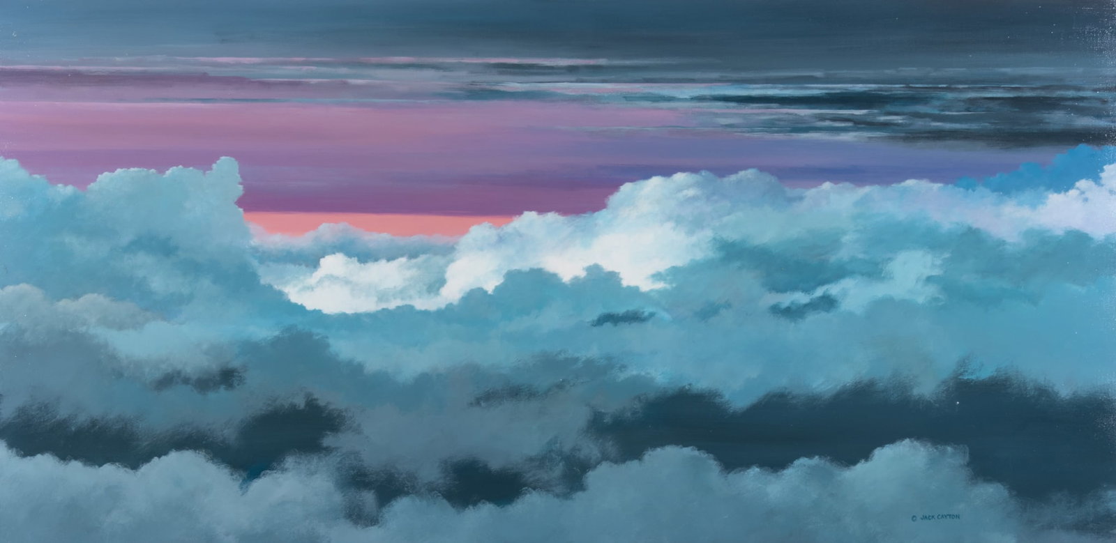 Jack Cayton, South Carolina 20th Century, Over the Clouds, oil on canvas: Jack Cayton South Carolina, 20th Century Over the Clouds oil on canvas signed lower right, framed. 24 x 48 inches; 30 x 53 1/2 inches (overall, with frame)