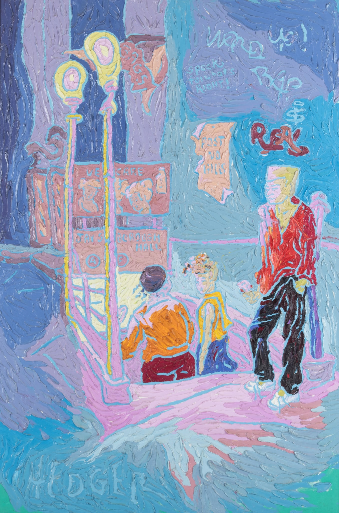 Hedger, American 20th/21st C, Subway Scene, oil on canvas: Hedger American, 20th/21st C Subway Scene oil on canvas Signed lower left. Framed. Depicts people heading down the Jay Street Borough Hall subway entrance. 36 x 24 inches; 38 3/4 x 26 3/4 inches (over