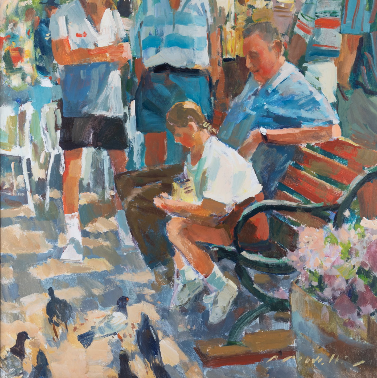 Charles J. Movalli, American (1945-2016), Feeding the Pigeons, acrylic on canvas (1 of 5)