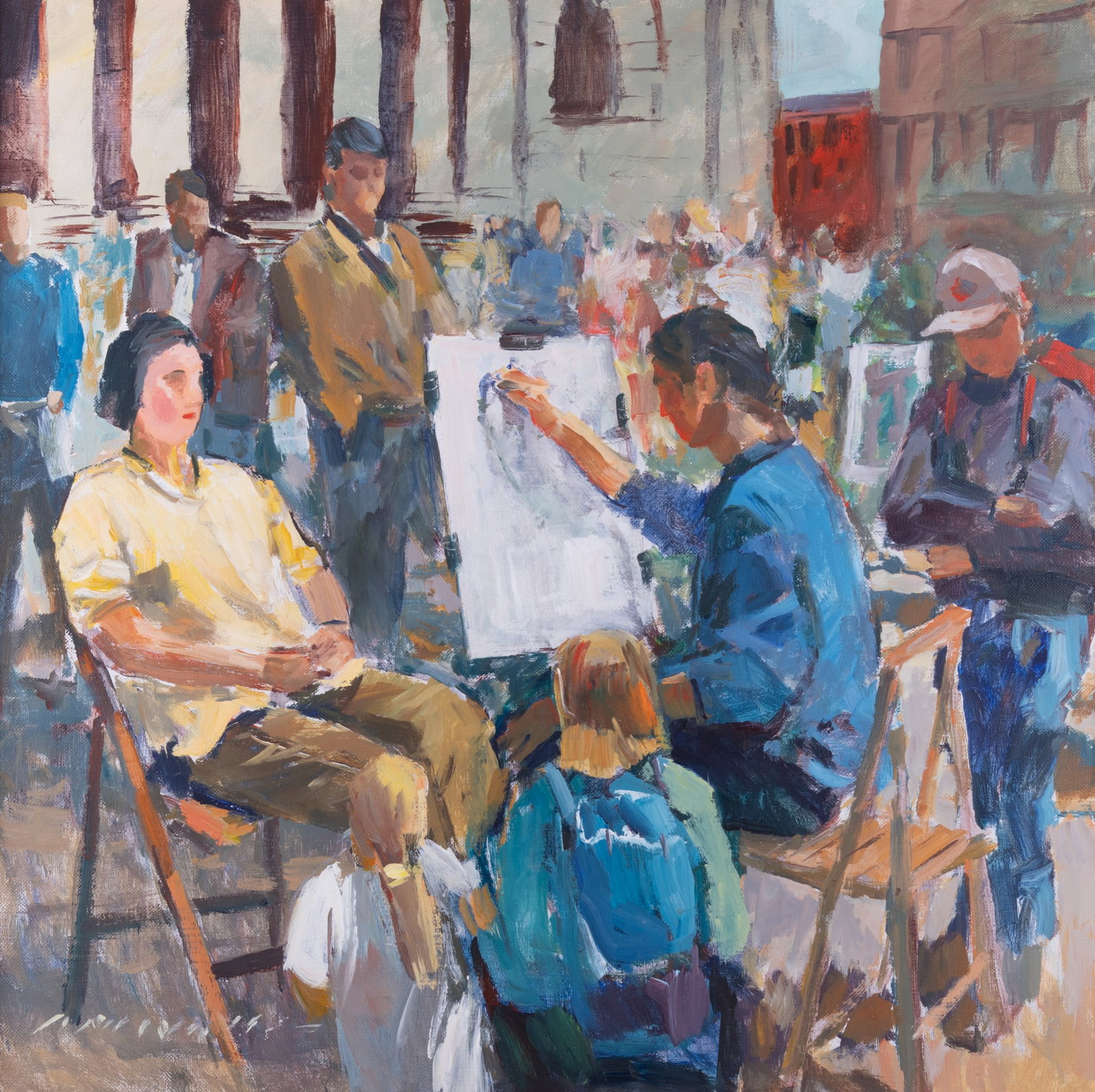 Charles J. Movalli, American (1945-2016), Street Artist, acrylic on canvas: Charles J. Movalli American, (1945-2016) Street Artist acrylic on canvas signed lower left, gilt-framed. 36 x 36 inches; 42 x 41 inches (overall with frame)