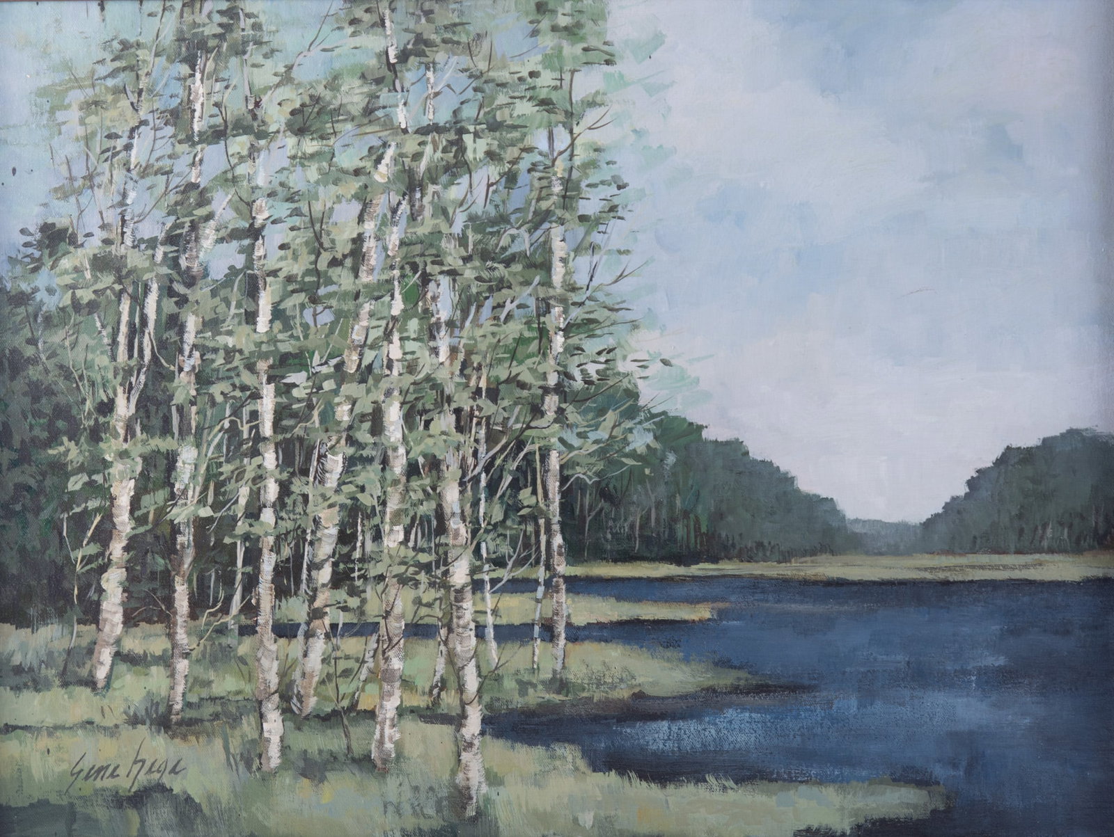 Gene Hege, North Carolina (1940-2003), Birch Trees on the Water, oil on canvas: Gene Hege North Carolina, (1940-2003) Birch Trees on the Water oil on canvas signed lower left, framed. 18 x 24 inches; 19 x 25 inches (overall with frame)