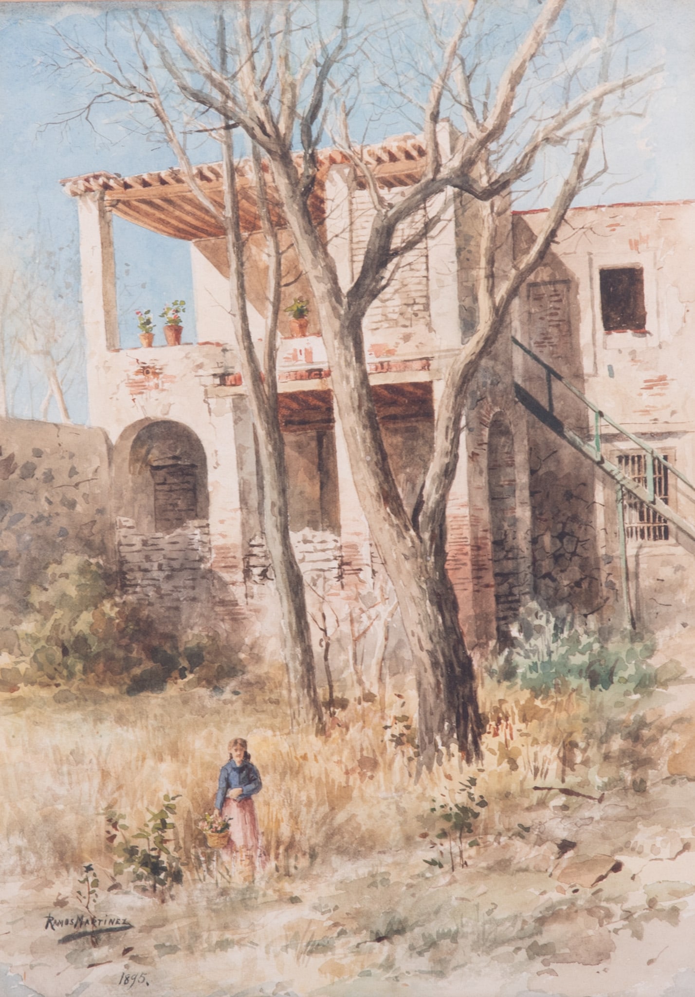 Alfredo Ramos Martinez, Mexican (1871-1946), Villa Courtyard, 1895, watercolor: Alfredo Ramos Martinez Mexican, (1871-1946) Villa Courtyard, 1895 watercolor signed lower right, framed. 12 1/2 x 9 inches; 17 5/8 x 14 1/8 inches (overall with frame)