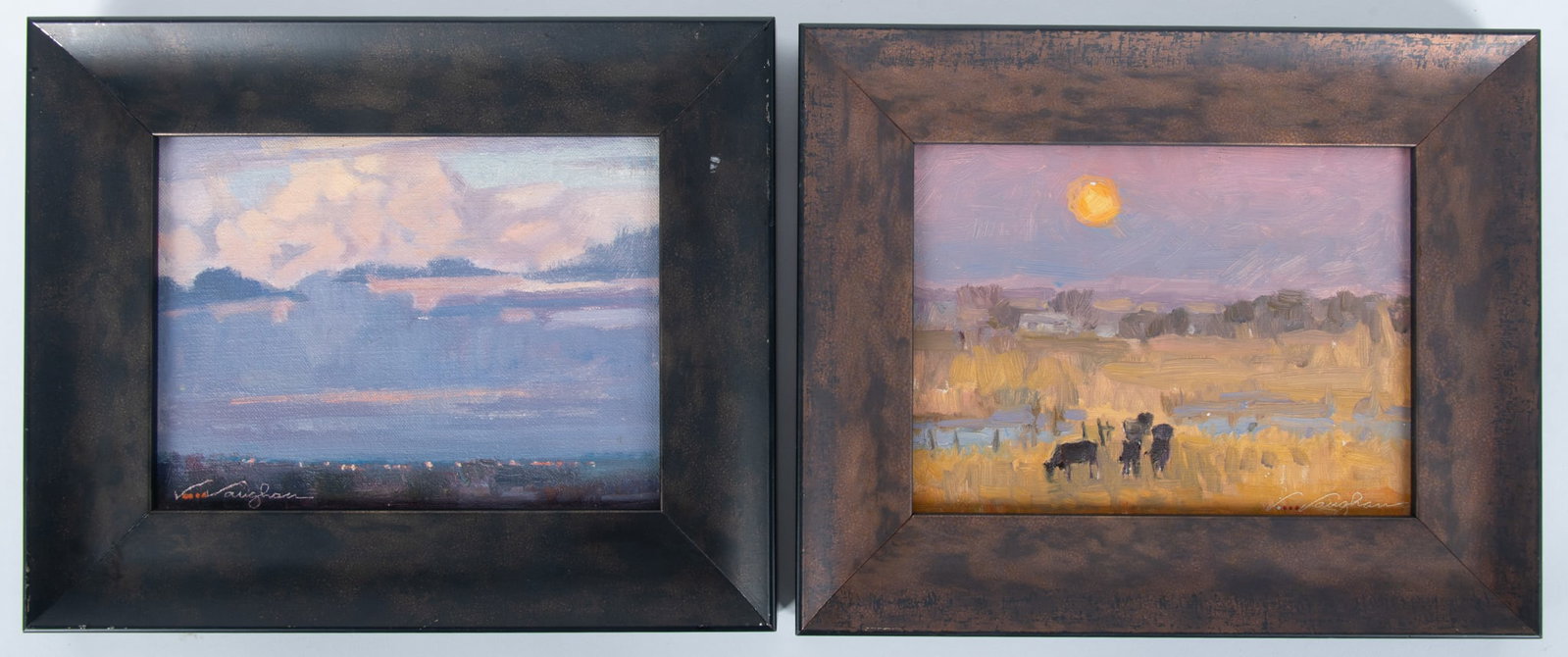 Virginia Vaughan, American 20/21st Century, Moon with Cows, 2006 and Last Year on the Farm, 2007,: Virginia Vaughan American, 20/21st Century Moon with Cows, 2006 and Last Year on the Farm, 2007 oil on canvas board signed lower right, matching frames, on by Larson-Juhl. 5 1/2 x 7 1/2 inches; 9 1/8 