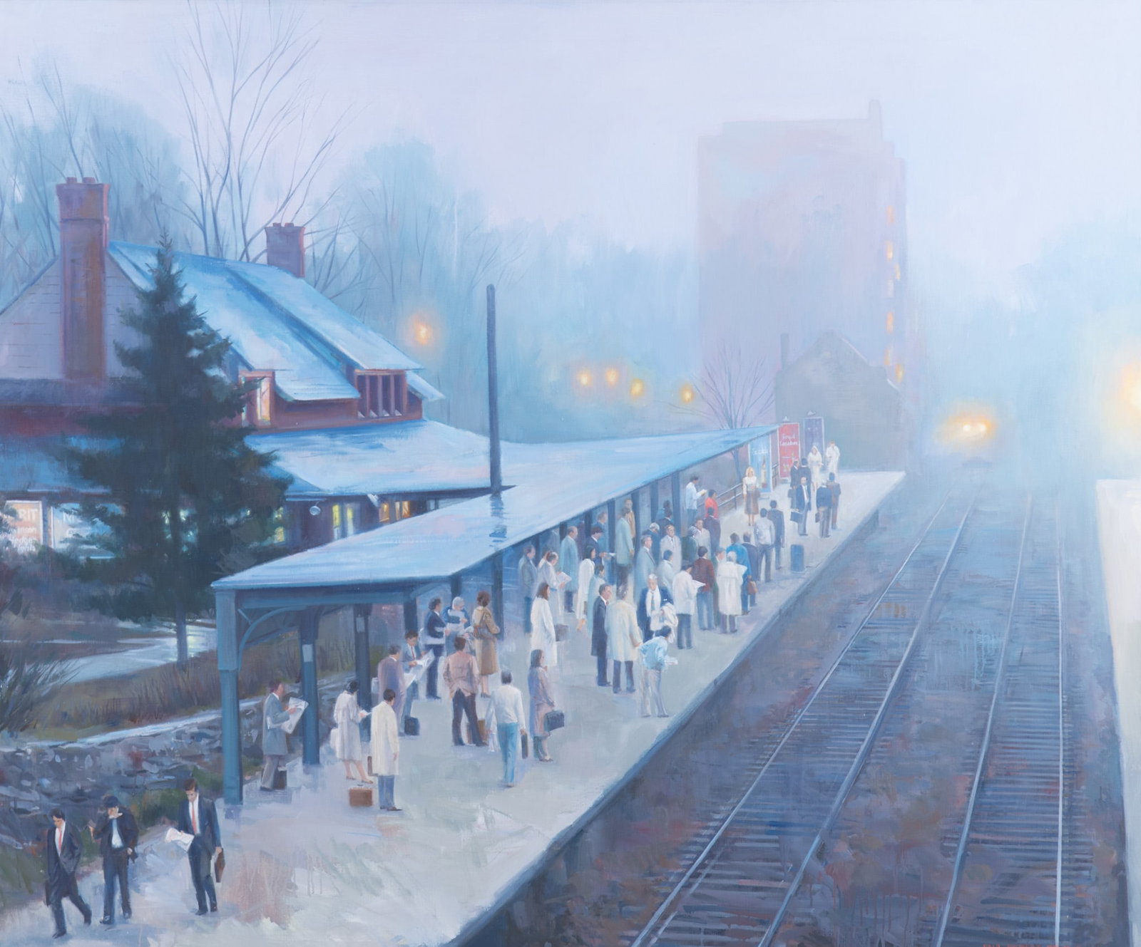 Paul Rickert, Philadelphia / Maine (1947-2023), Early Commute, 1985-87, oil on canvas: Paul Rickert Philadelphia / Maine, (1947-2023) Early Commute, 1985-87 oil on canvas signed and dated lower right, framed. Label verso: The Hahn Gallery, Philadelphia 50 x 60 inches; 52 x 61 1/2 inch