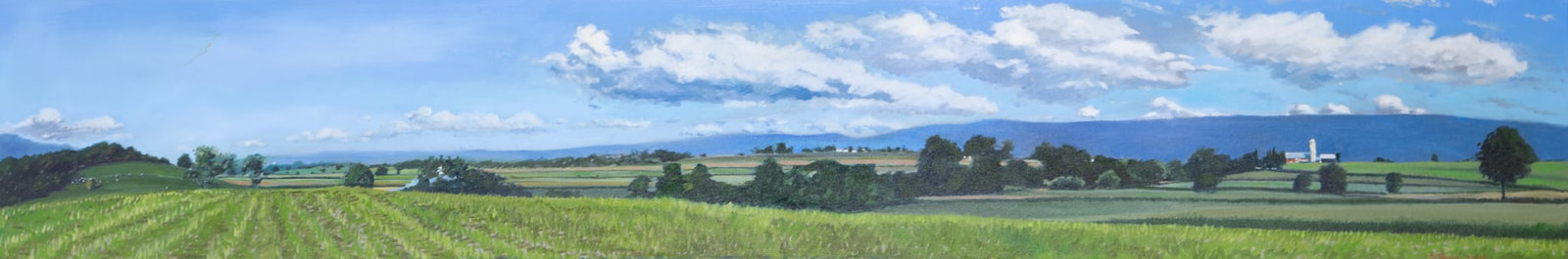 Joseph F. (Joe) Sweeney, Philadelphia (b. 1950), Farm Landscape, 1985, oil on canvas: Joseph F. (Joe) Sweeney Philadelphia, (b. 1950) Farm Landscape, 1985 oil on canvas signed and dated lower right, gilt-framed. 16 x 92 inches; 17 1/4 x 92 1/2 inches (overall with frame)