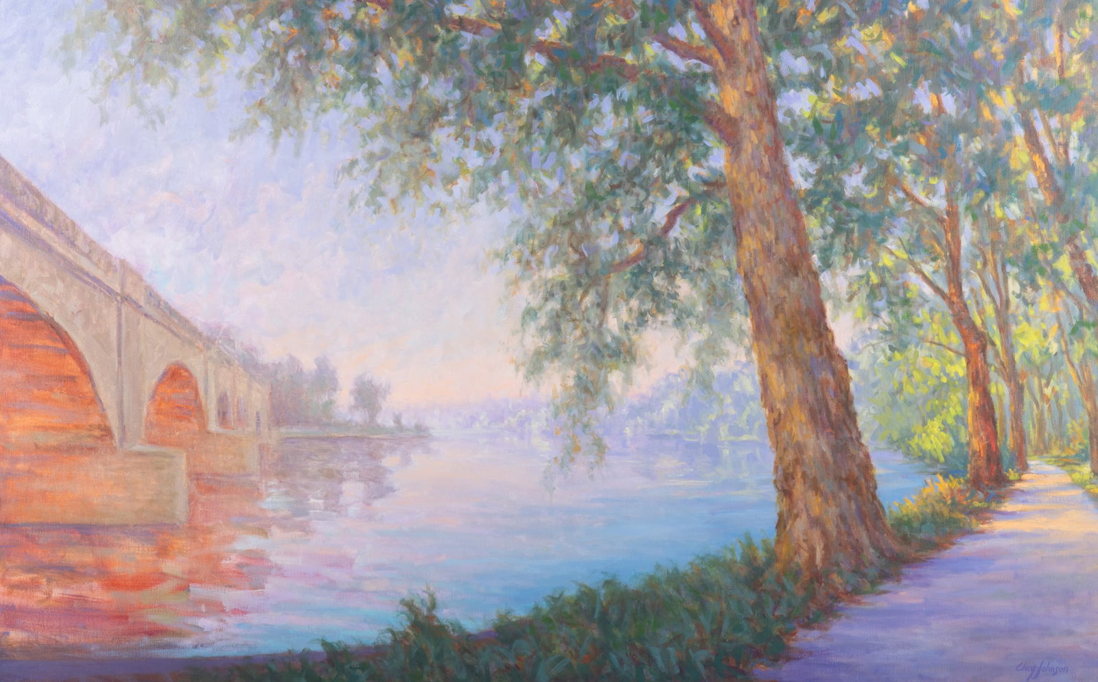 Clay Johnson, Philadelphia 20th - 21st centuries, River Landscape with Bridge, oil on canvas (1 of 4)