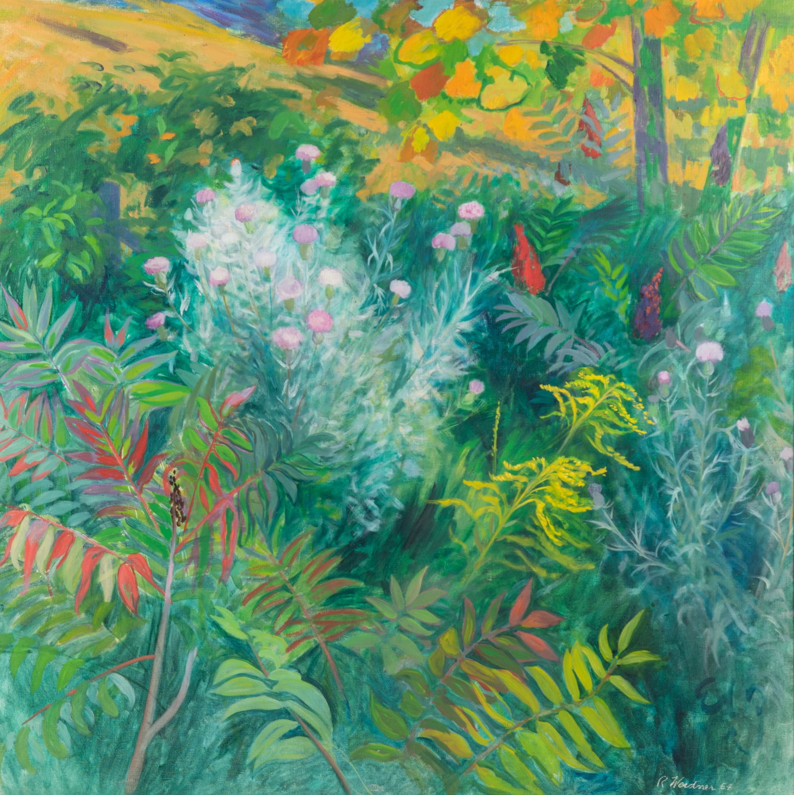 Roswell Theodore Weidner, Pennsylvania (1911-1999), Garden in Bloom, 1964, oil on canvas: Roswell Theodore Weidner Pennsylvania, (1911-1999) Garden in Bloom, 1964 oil on canvas signed and dated lower right, gilt-framed. 47 x 47 inches; 55 1/2 x 54 1/2 inches (overall with frame)