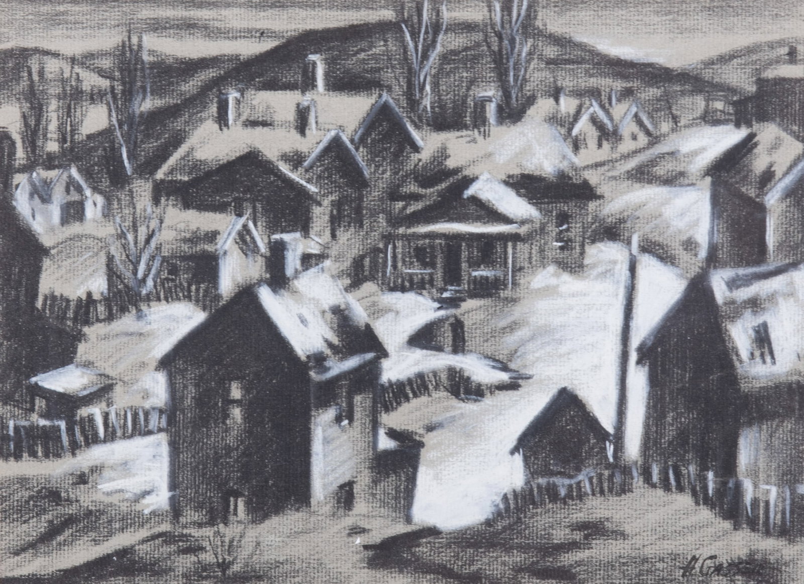 Henry Gasser, New Jersey (1909-1981), Houses in the Hills, charcoal and crayon on paper (1 of 4)