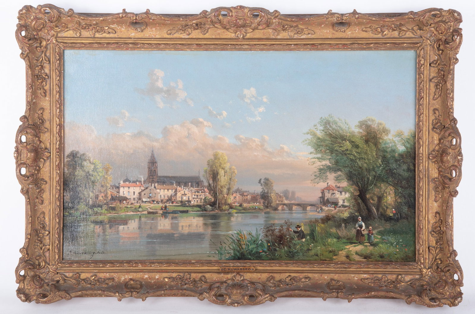 Charles Euphrasie Kuwasseg, French 1838-1904, Riverside Scene, oil on canvas: Charles Euphrasie Kuwasseg French, 1838-1904 Riverside Scene oil on canvas Signed lower left, framed 11 3/4 x 19 1/2 inches; 16 x 23 3/4 inches (overall with frame)