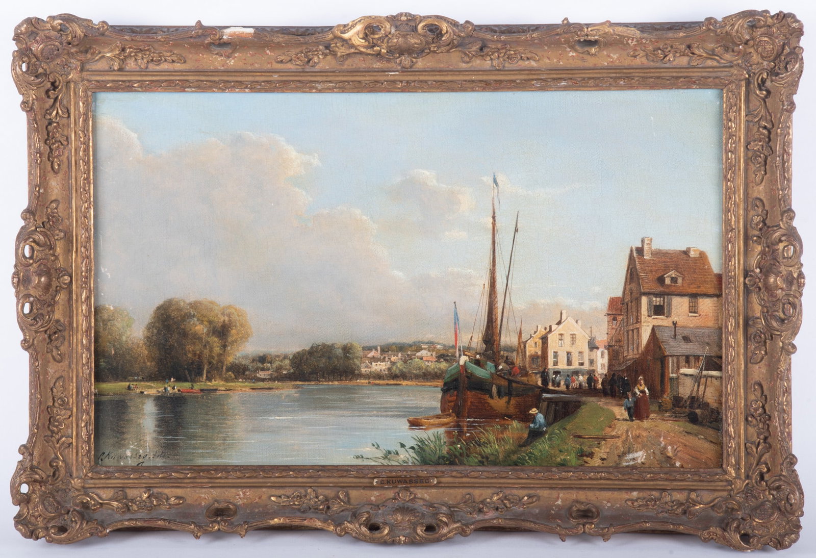 Charles Euphrasie Kuwasseg, French (1833-1904), Rivertown, oil on canvas: Charles Euphrasie Kuwasseg French, (1833-1904) Rivertown oil on canvas signed lower left, framed 11 3/4 x 19 1/2 inches; 16 1/2 x 24 inches (overall with frame)