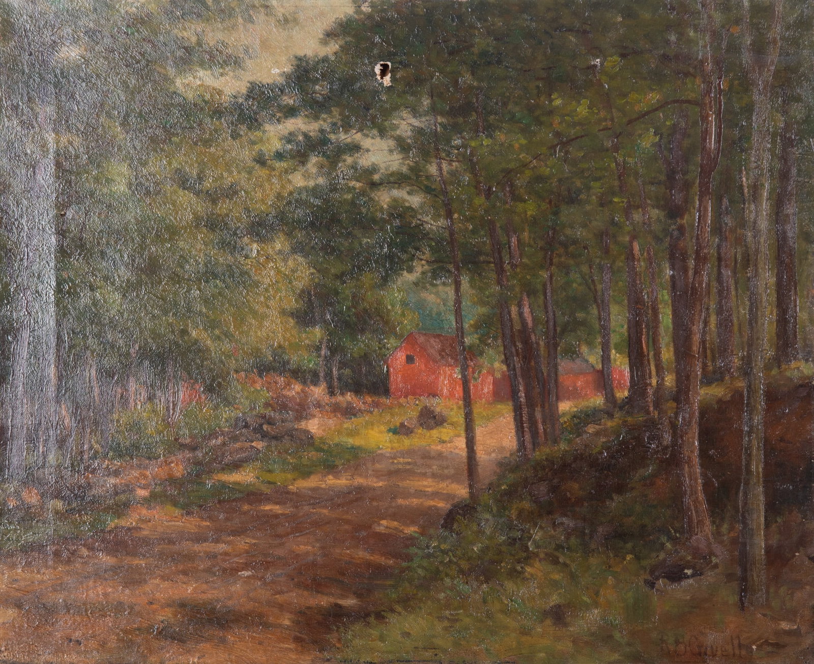 Richard Buckner Gruelle, American (1851-1914), House in the Woods, oil on canvas, tear to canvas (1 of 4)