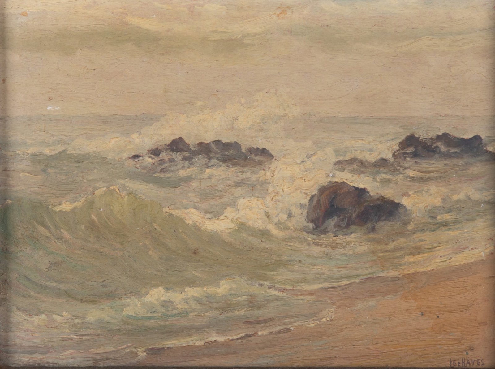 Lee Hayes, 1854-1946, Bluff and Waves, oil on board: Lee Hayes 1854-1946 Bluff and Waves oil on board Double sided painting. Waves breaking over rocks on front and house on a bluff on reverse. Signed lower right, framed. 8 1/4 x 11 1/4 inches; 10 1/2 x 
