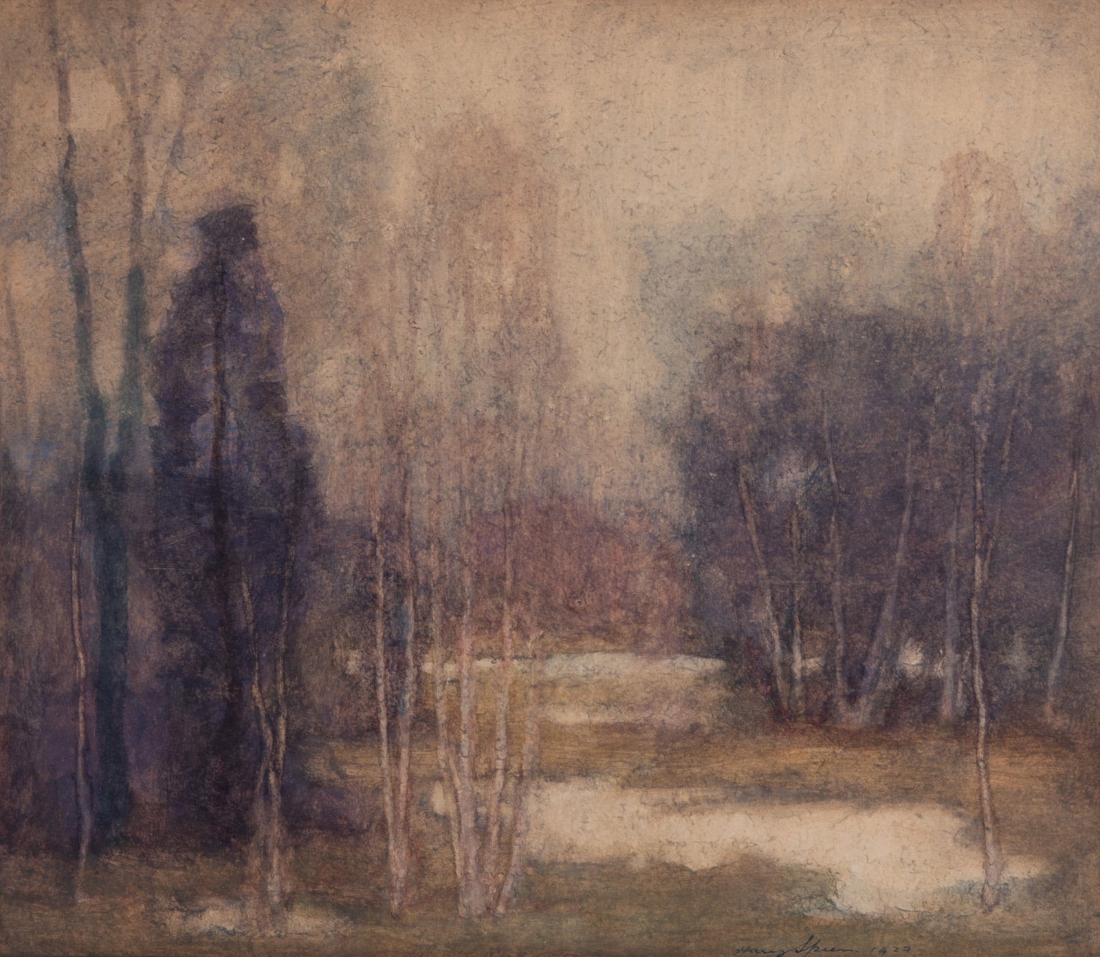 Harry Spiers, 1869-1934, Last of the Snow, gouache on paper: Harry Spiers 1869-1934 Last of the Snow gouache on paper Signed lower right. Framed 14 1/2 x 17 inches (visible); 19 1/2 x 22 inches (overall with frame)