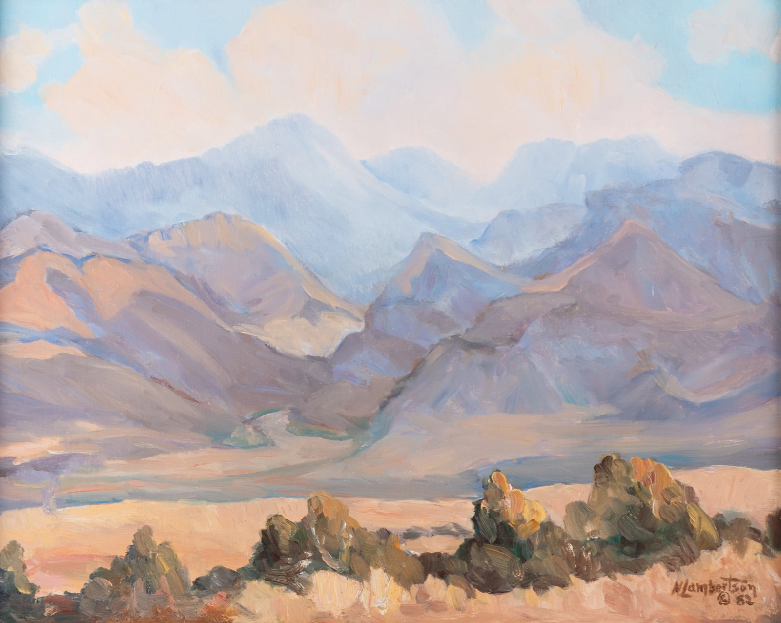 Lambertson, American 20th Century, North New Mexico Range Land Near El Vado, 1982, oil on panel: Lambertson American, 20th Century North New Mexico Range Land Near El Vado, 1982 oil on panel signed and dated lower right, framed. 16 x 20 inches; 24 x 28 inches (overall with frame)