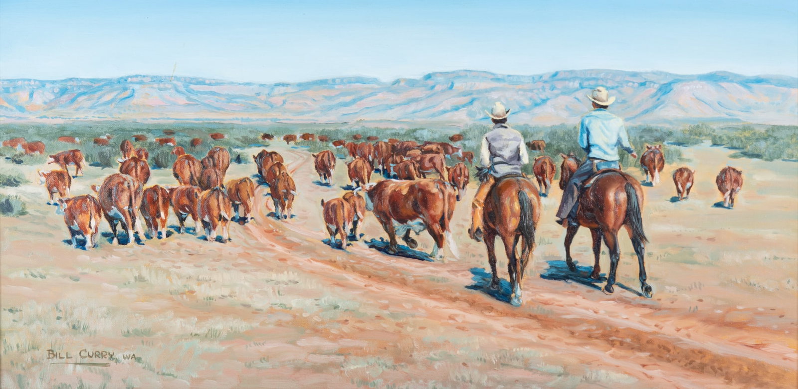 Bill Curry, 20th Century, Cattle Ranchers, oil on canvas: Bill Curry 20th Century Cattle Ranchers oil on canvas signed lower left, framed. 12 x 24 inches; 20 x 32 inches (overall with frame)