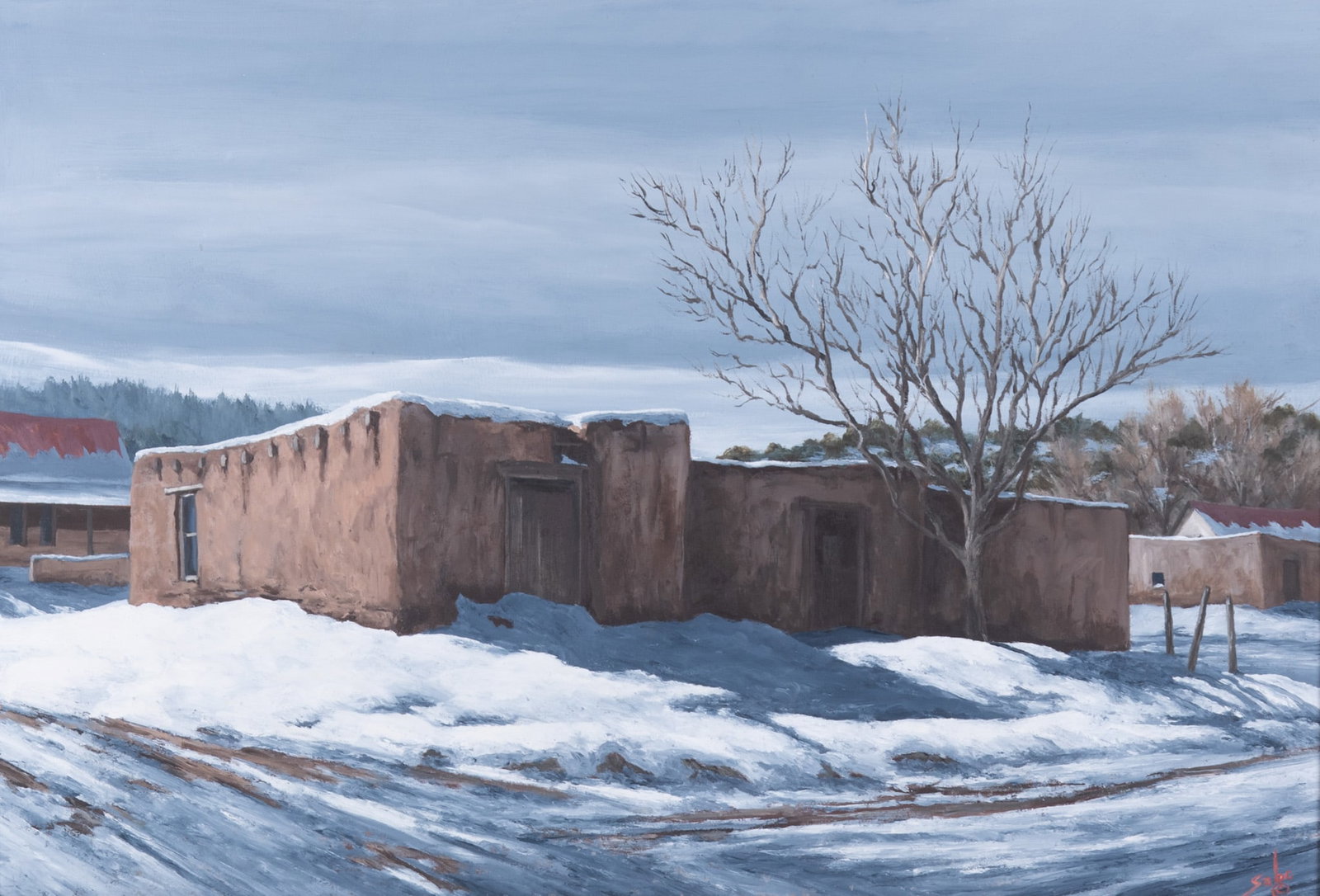 Betty Jean (Angelos) Sabo, Missouri / New Mexico (1928-2016), Taos Pueblo in Winter, oil on board (1 of 4)
