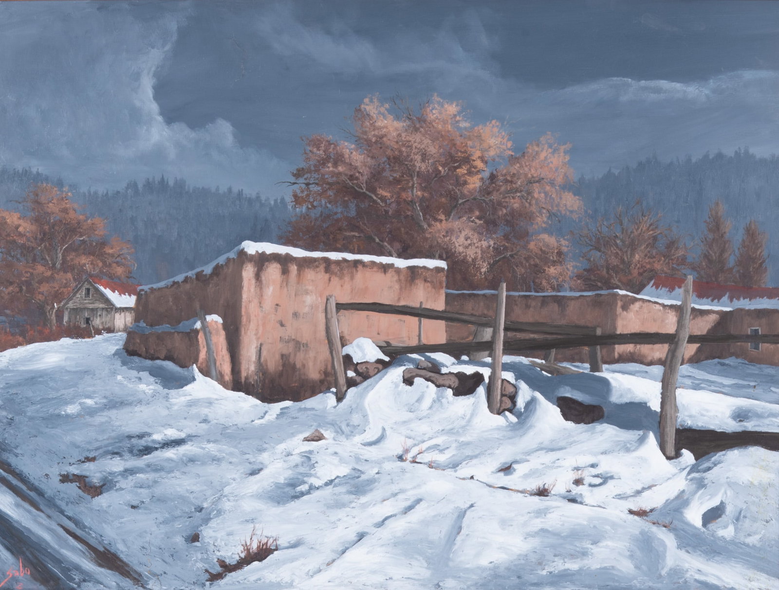 Betty Jean (Angelos) Sabo, Missouri / New Mexico (1928-2016), Adobe Buildings in Winter, oil on: Betty Jean (Angelos) Sabo Missouri / New Mexico, (1928-2016) Adobe Buildings in Winter oil on board signed lower left, framed. 18 x 24 inches; 30 x 35 inches (overall with frame)