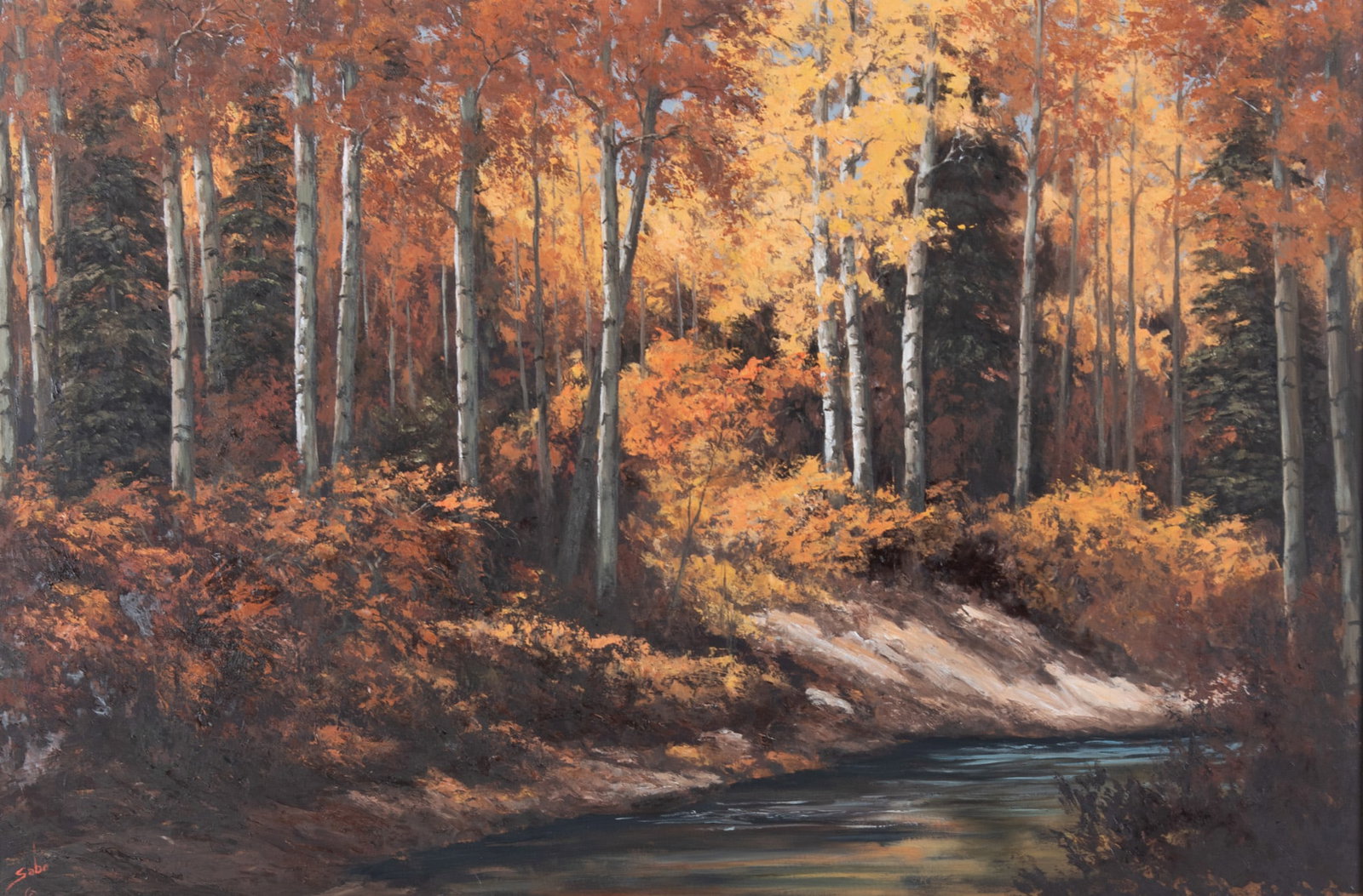 Betty Jean (Angelos) Sabo, Missouri / New Mexico (1928-2016), Aspens by a River, oil on board: Betty Jean (Angelos) Sabo Missouri / New Mexico, (1928-2016) Aspens by a River oil on board signed lower left, framed. 20 x 30 inches; 29 x 39 inches (overall with frame)