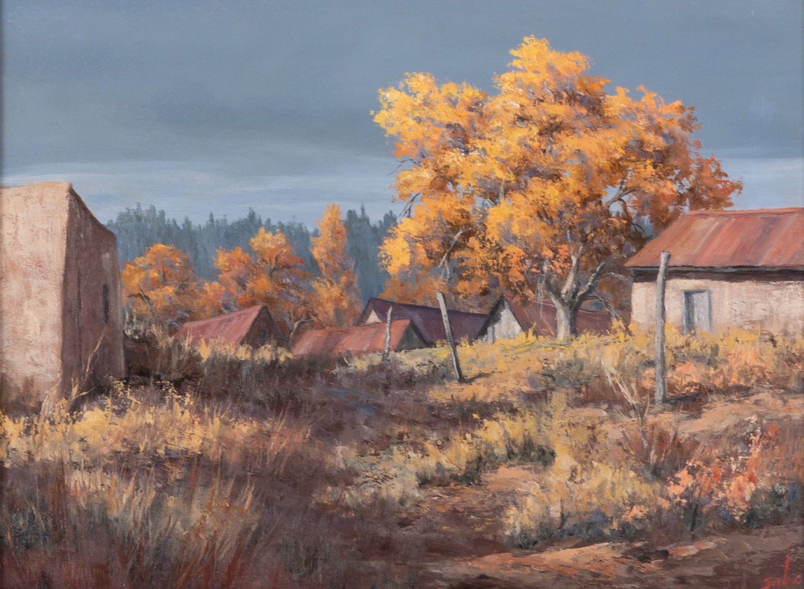 Betty Jean (Angelos) Sabo, Missouri / New Mexico (1928-2016), Autumn in Cedro, oil on board: Betty Jean (Angelos) Sabo Missouri / New Mexico, (1928-2016) Autumn in Cedro oil on board signed lower right, framed. 8 1/2 x 11 1/2 inches; 17 x 20 inches (overall with frame)